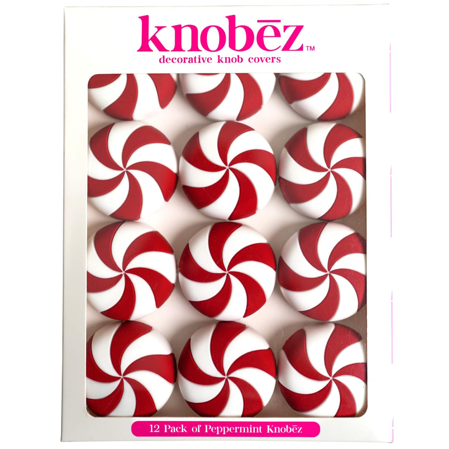 Knobēz: Decorative Knob Covers - Red Peppermint - 12pk - Stretch Over Hardware Decorations, Holiday-Winter-Christmas, Kitchen-Bathroom-Dressers-Home