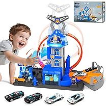 Charmofun City Commissariato di Polizia con Super Loop, Set Pista per Macchinine con 4 Macchinine, 3 Parcheggi, Piste con Ascensore e Luci e Suoni, Circuito a Lancio Giocattolo per Bambini dai 4 Anni