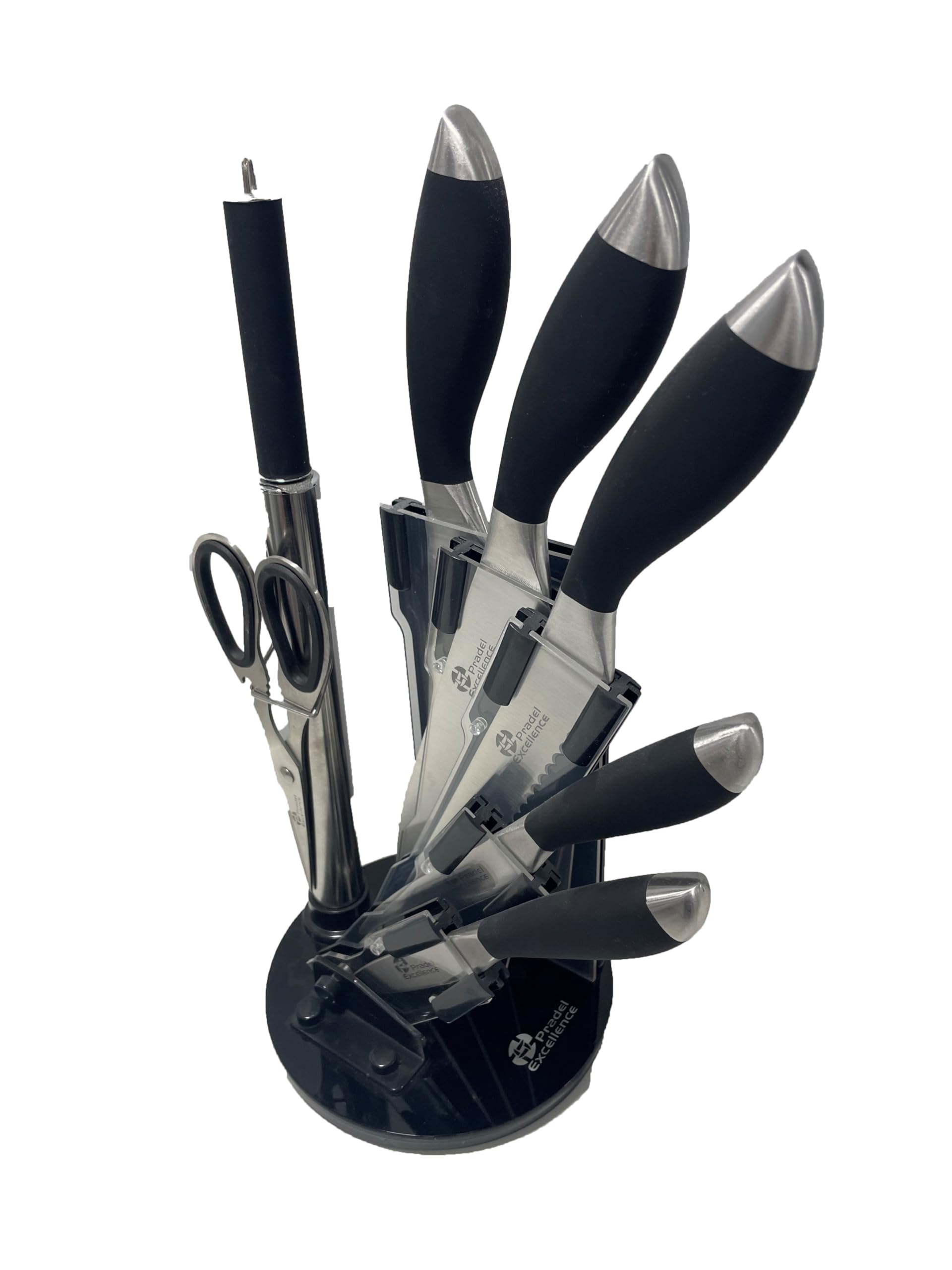 Pradel Excellence - PCOT001015 - Bloc Couteaux Inox Tournant Essentiels 7 Pièces - 5 Couteaux de Cuisine + 1 Paire de Ciseaux + 1 Fusil d'Affûtage - Lames Acier Inoxydable - Manches Soft-Touch