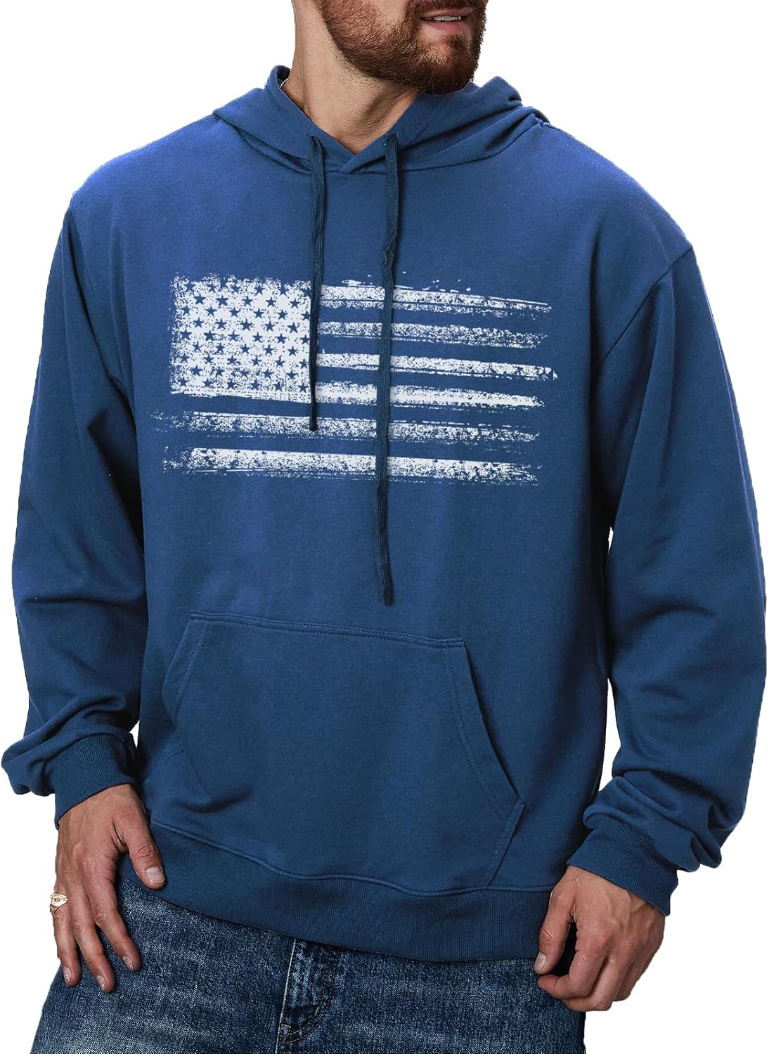 Men's Hoodies American Flag Print Sweatshirt Casual Drawstring Long Sleeve Hoodie Kanga Pocket Pullover - Image 2