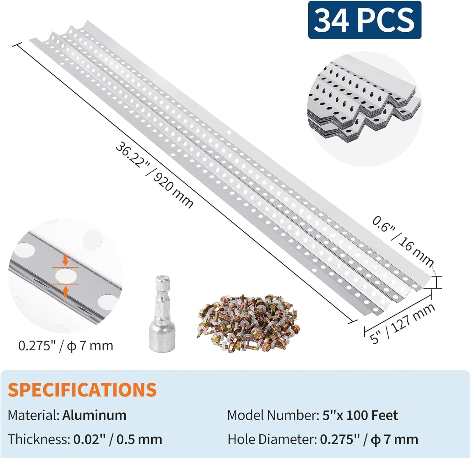 5" Gutter Guard 100Ft 34 PCS, 0.275" Micro-Mesh Leaf Guards for Gutters, Fit for All Roof Types, DIY Installation