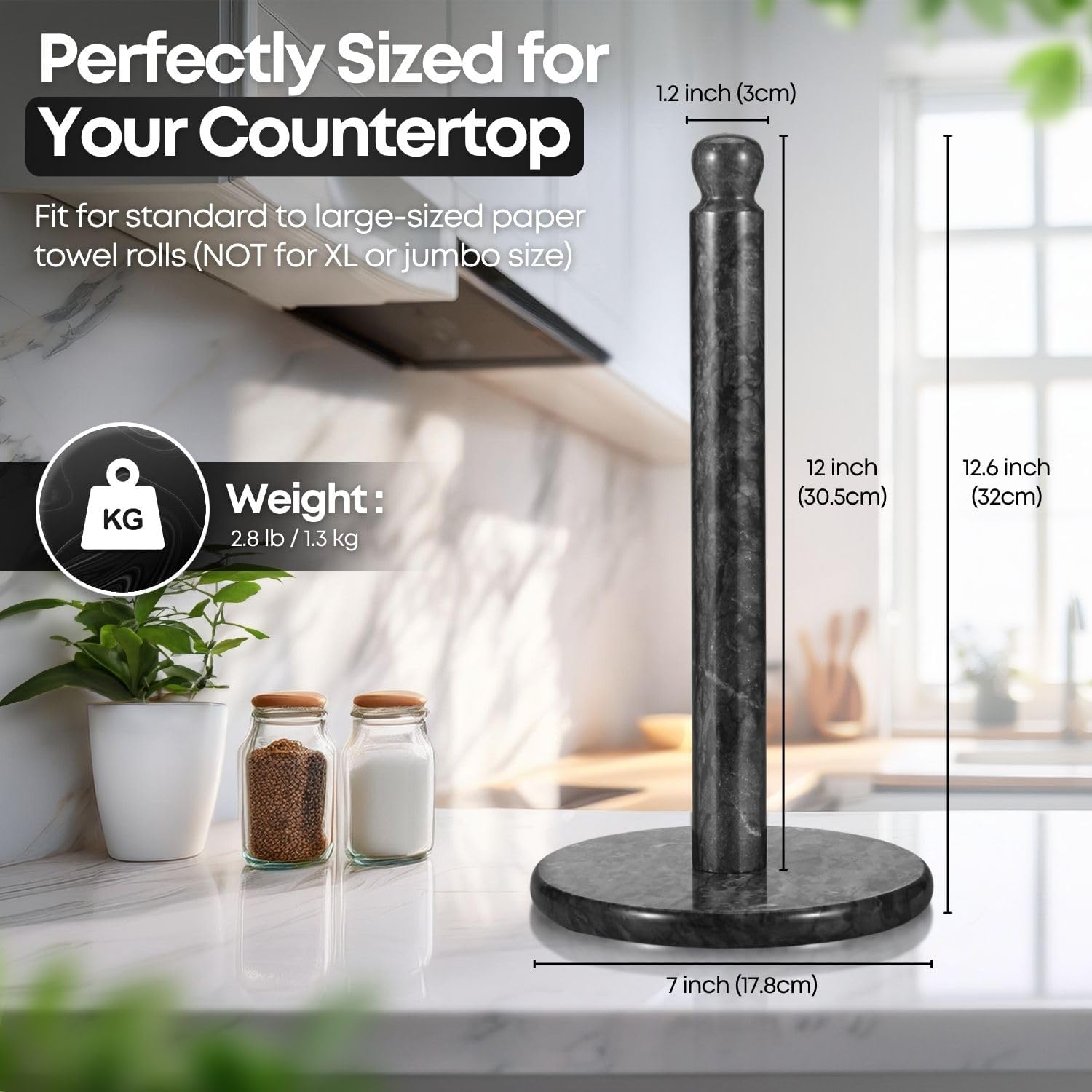 Flexzion Marble Paper Towel Holder 12 inch (Black) - Kitchen Countertop Paper Towel Holder Stand Rack with Roll Dispenser Pole and Weighted Marble Base for Tables Home Dining Bathroom Storage