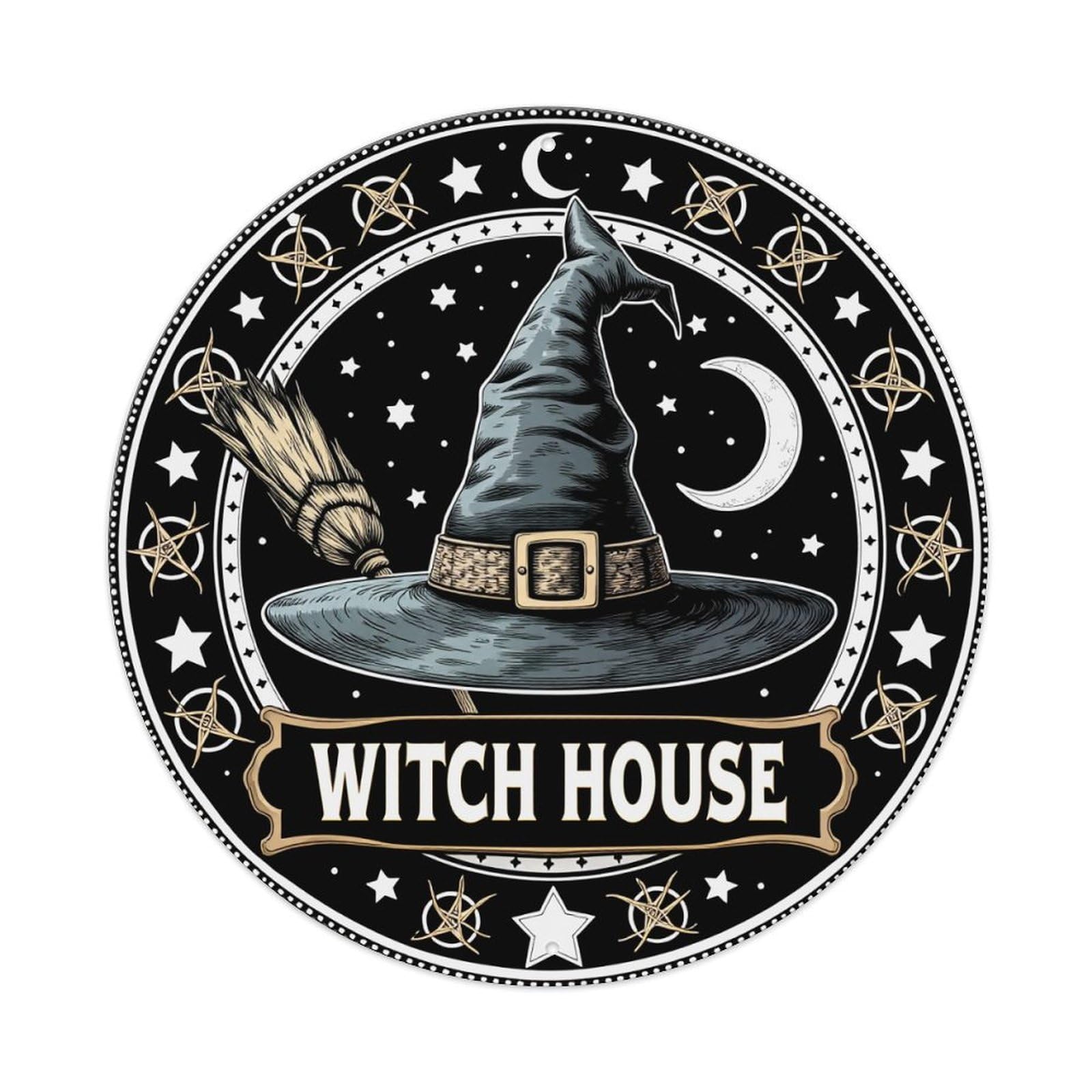 Witch Hat Broom Moon Stars Round Tin Sign Retro Metal Sign for Cafe Bar Pub Home Game Room Gym Club Wall Decoration Vintage Metal Poster 8x8 Inch