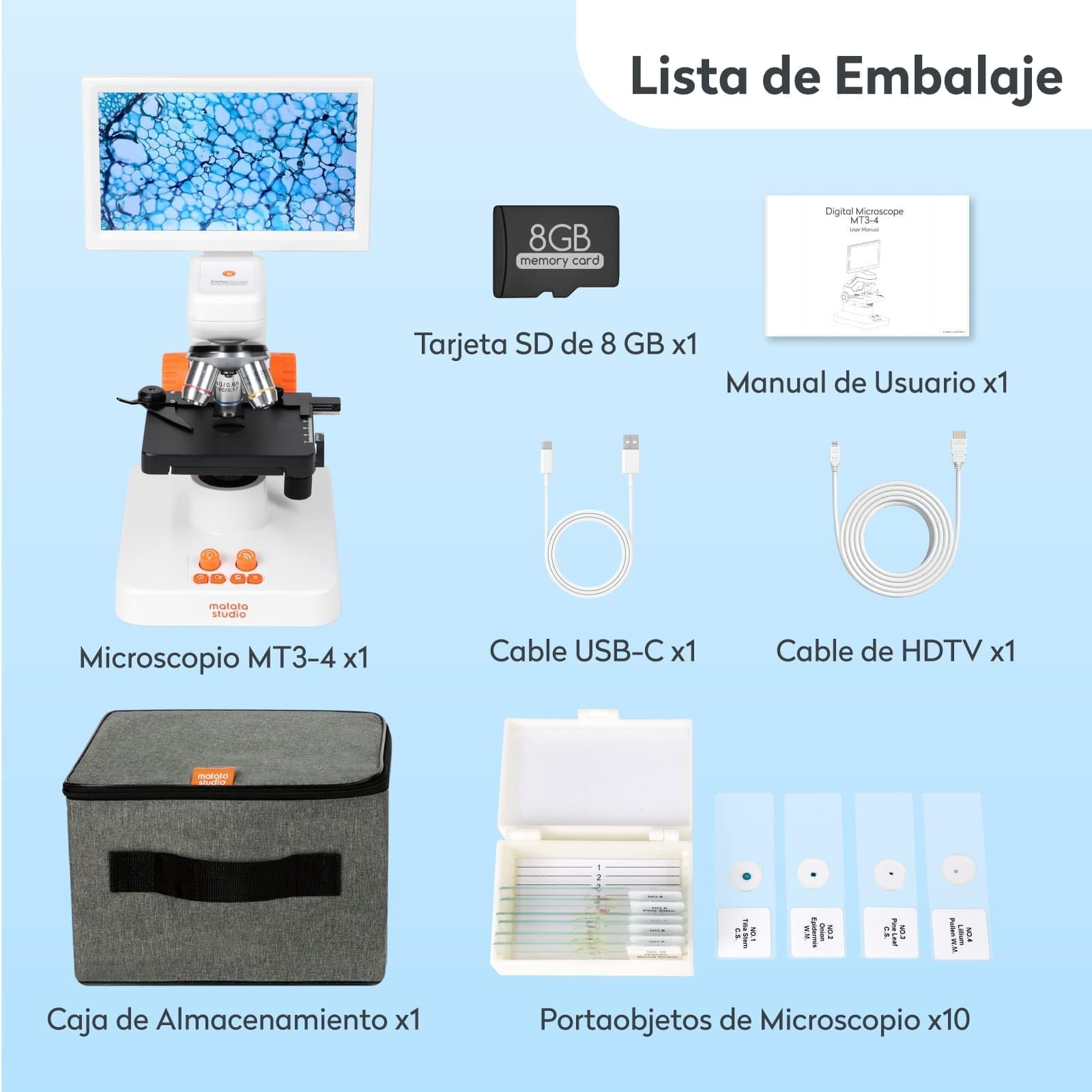 Microscopio Niños Adultos, MatataStudio MT3-4 1200x Microscopio Digital USB con Pantalla 1080P de 7" Calibrador Vernier Portaobjetos 5MP COMS Microscopios Biológico Profesional para Lab y Escolar