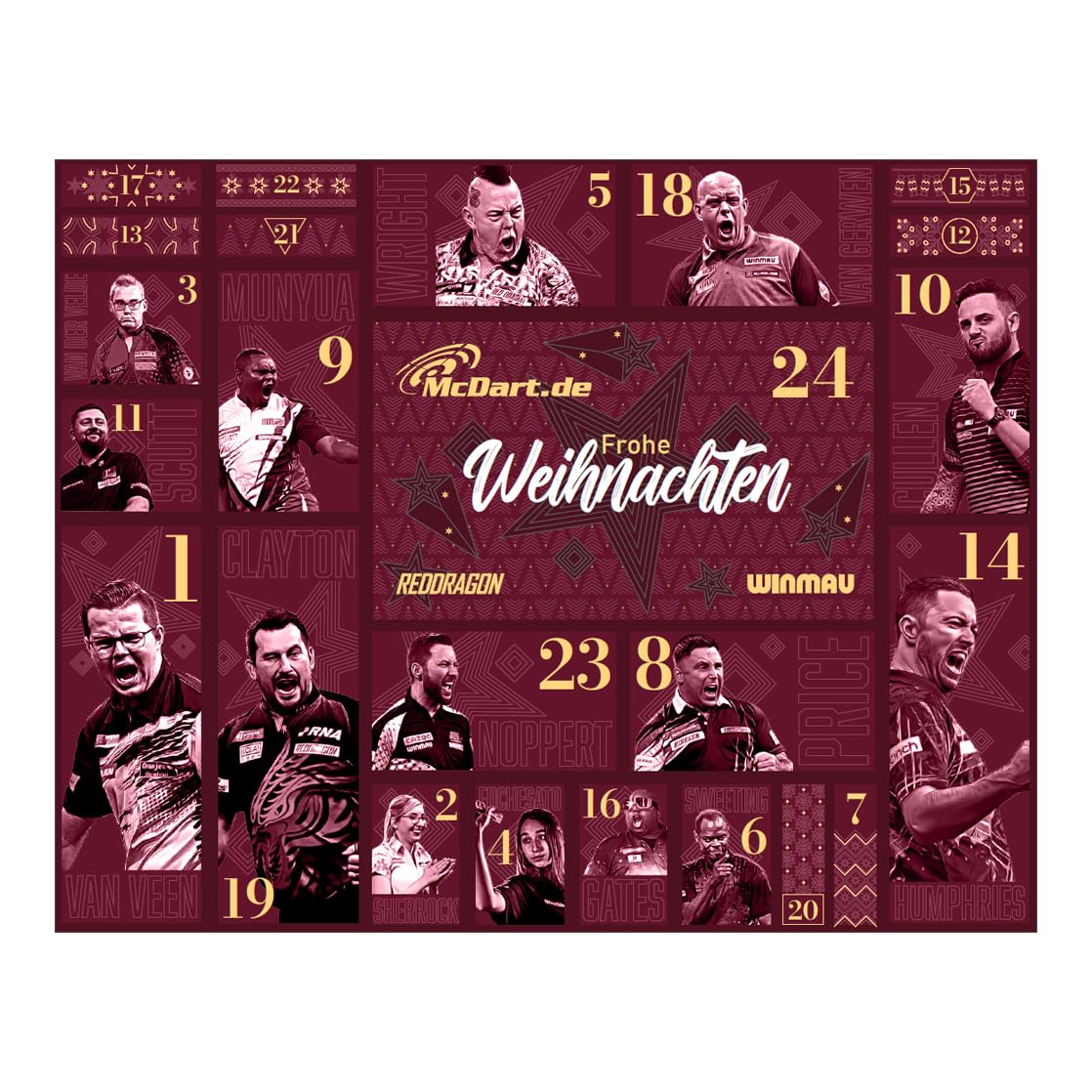 McDart Premium Adventskalender 2026 für Steeldart-Spieler, 24 Türchen, RedDragon, Winmau & McDart, 42 x 34 x 7 cm