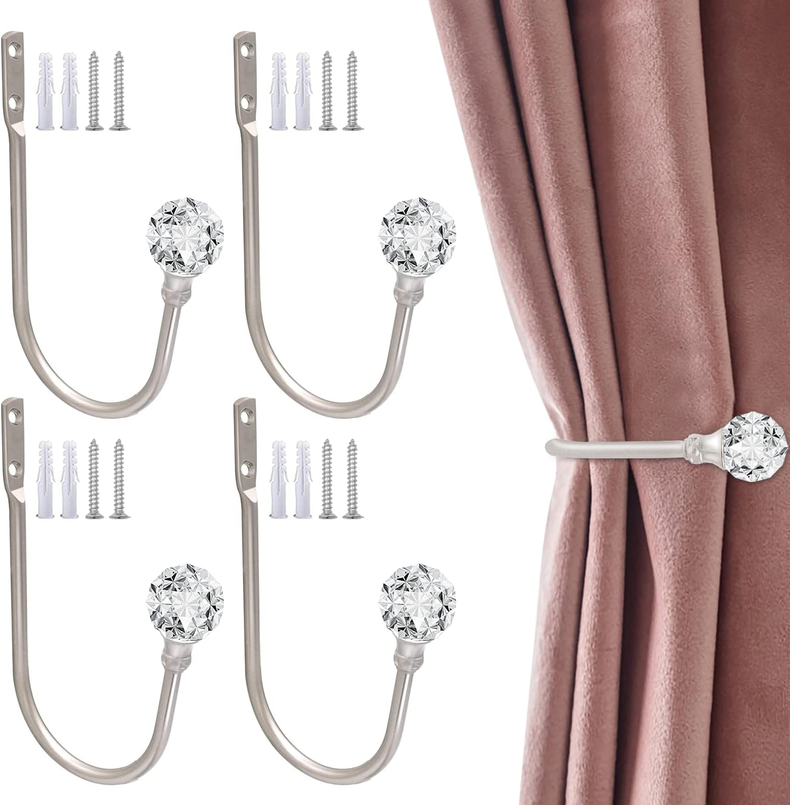 Crystal Curtain Holdbacks 4 Pack - Silver Tieback Hooks Wall Mount Drapery Holders for Drapes - Decorative Metal Window Treatment Holdback