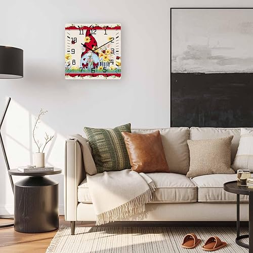 Miniatura 5 de Reloj de pared de madera con gnomos de mariquita, silencioso, sin tictac, para verano, primavera, tulipán, cuadrado, funciona con pilas, reloj