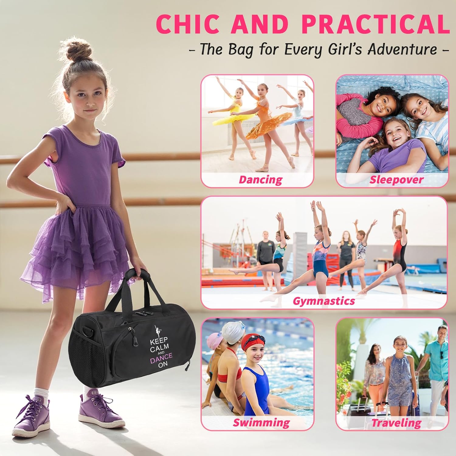 kilofly Girl's Ballet Dance Sports Gymnastics Gym Duffel Bag Travel Carry On