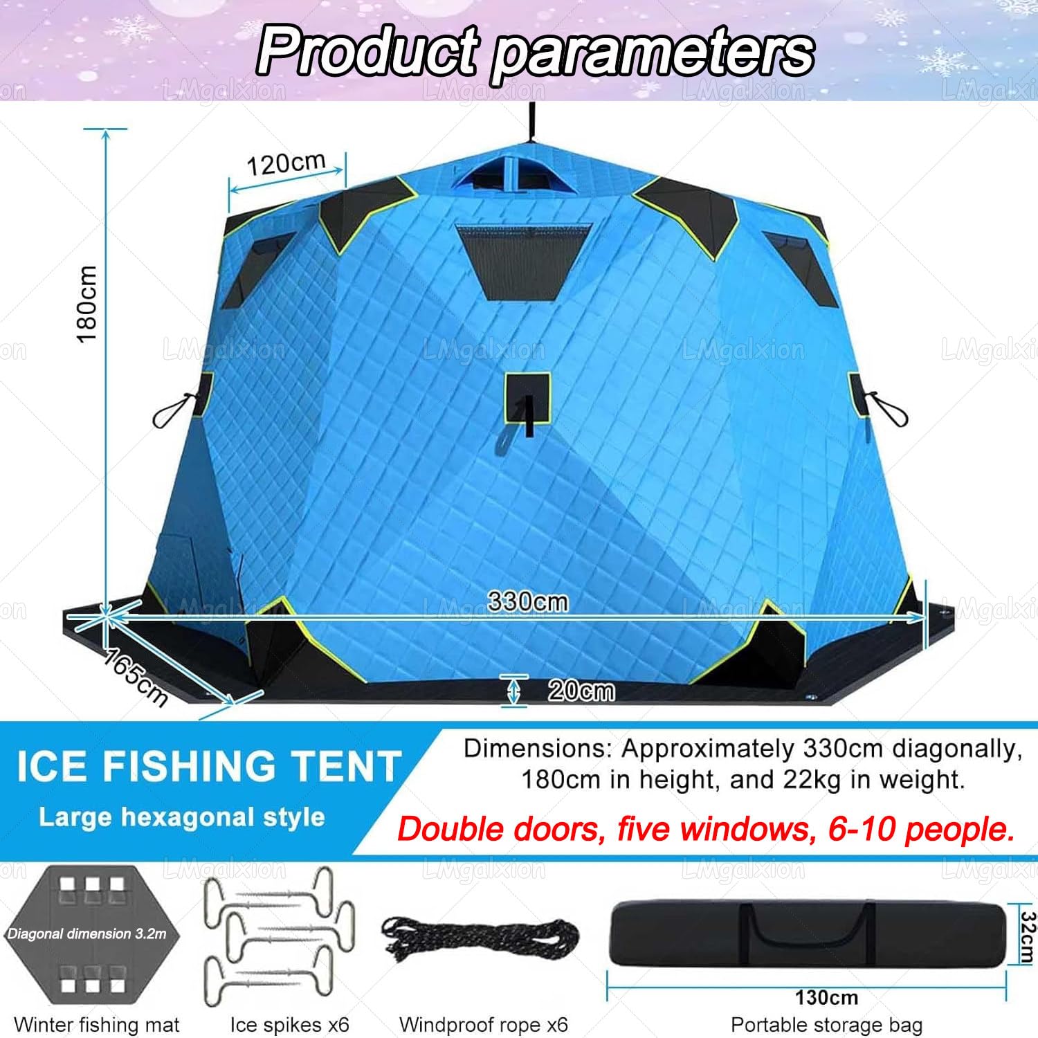 Tienda de campaña grande aislada para pesca en hielo, refugio hexagonal desplegable para 6-10 personas, resistente al viento y cálida hasta -30 °C, incluye alfombrilla y bolsa de transporte