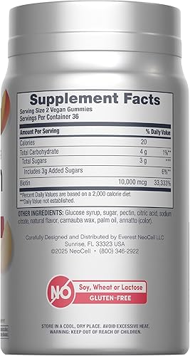 Miniatura 2 de NeoCell Biotin Gomitas de 10000 mcg  72 unidades  Suplemento potenciador de belleza  cabello, piel y uñas  Sabor a melocotón