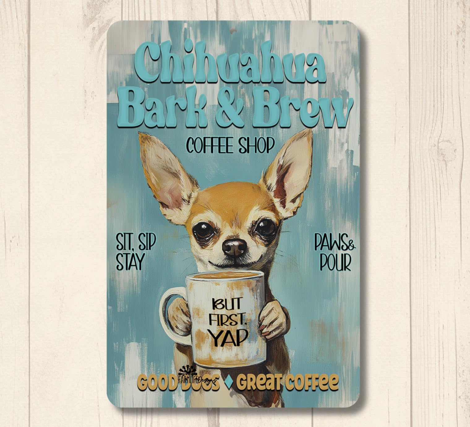 Chihuahua Dog Coffee Bar Sign Bark & Brew kitchen funny chiwawa decor metal tin home decor