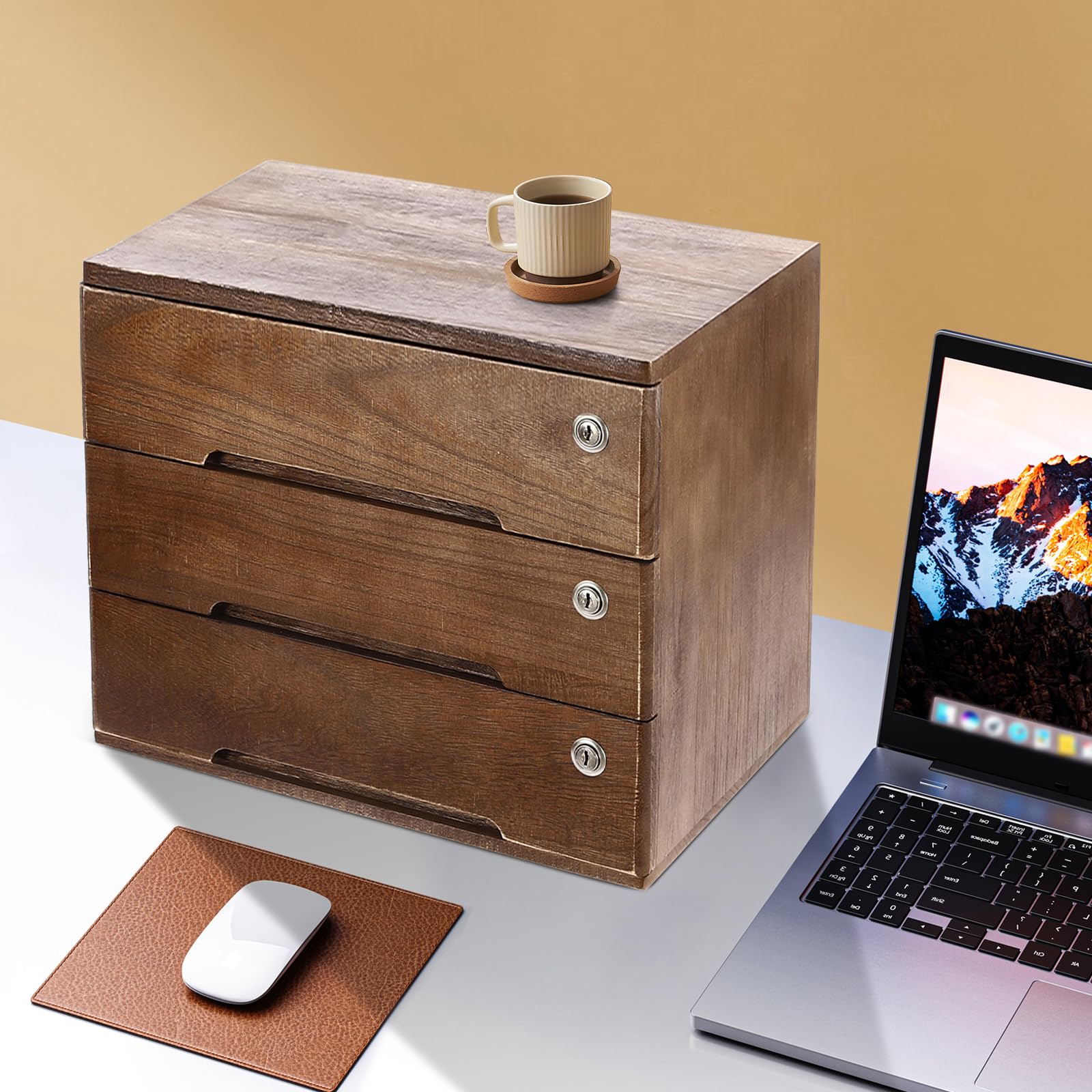Armadietto portaoggetti da scrivania in legno con 3 cassetti chiudibili, organizer per letteratura, piccolo cassetto per articoli per la casa, kit da cucito, vanità, finitura noce