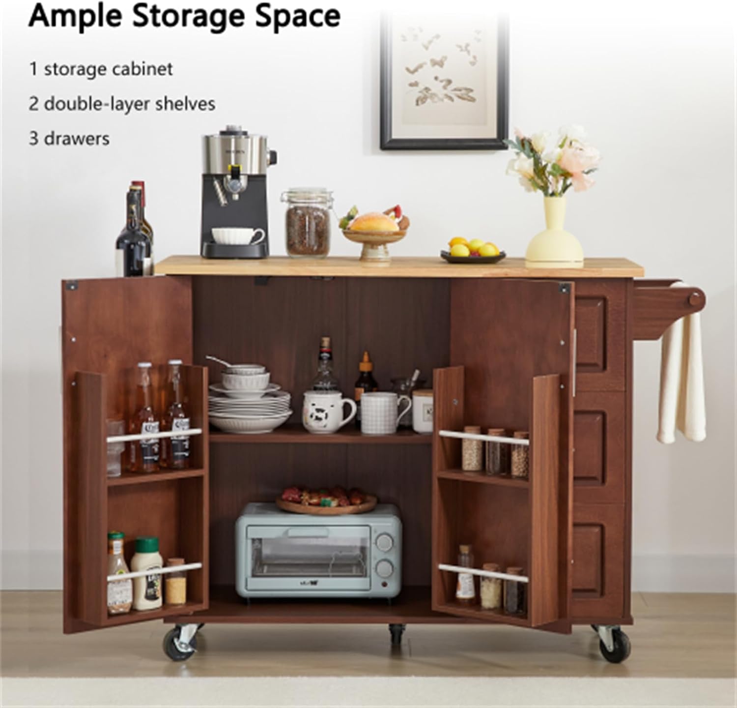 Kitchen Island with Drop Down countertop, Rolling Kitchen Island cart, barn Door Kitchen Island Table with Storage cabinets and Tower, Kitchen Island Table on Wheels, Vintage Brown