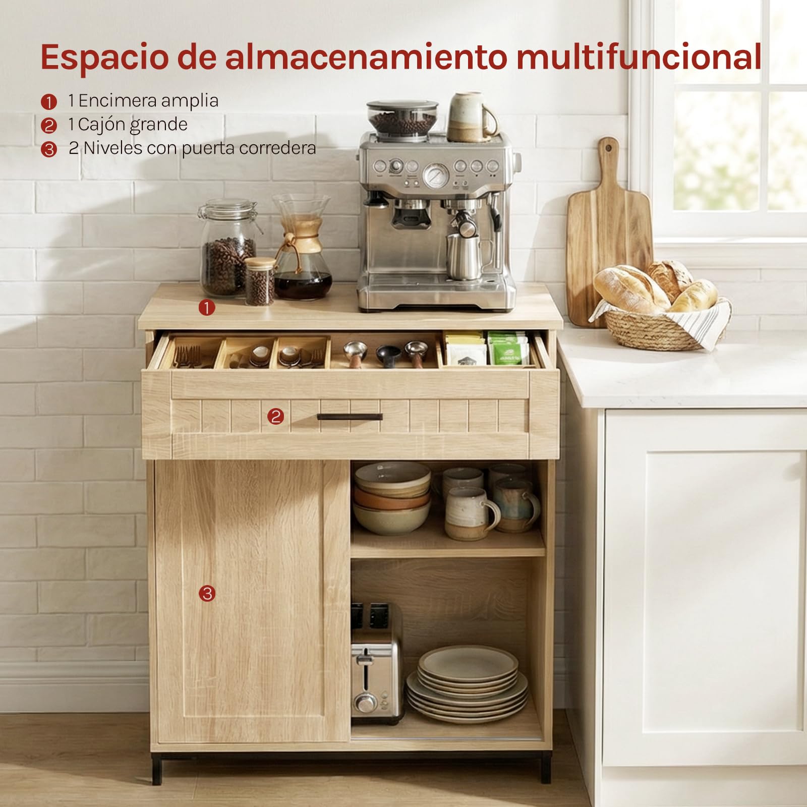 WOLTU Aparador Cocina, Mueble de Cocina para Almacenamiento, con Cajón, Puerta Corredera, para Comedor y Salón, 70x30x80,2 cm, de MDF y Metal, Roble Claro + Negro