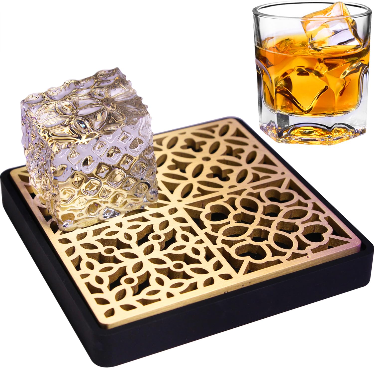 HRCOYES Ice Stamp Tray - Luxe Brass Ice Cube Printer for Clear Ice | Perfect Christmas for Cocktail & Whiskey Lovers IceMuse Style (IcePulse)