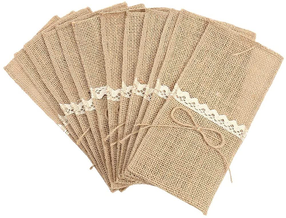 Alnicov Natural Burlap Lace Utensil Cutlery Holders Pouch,Jute Napkin Holders Bags for Vintage Wedding Party dinner Thanksgiving banquet Tableware Decorations(Jute Bow-20 Packs)