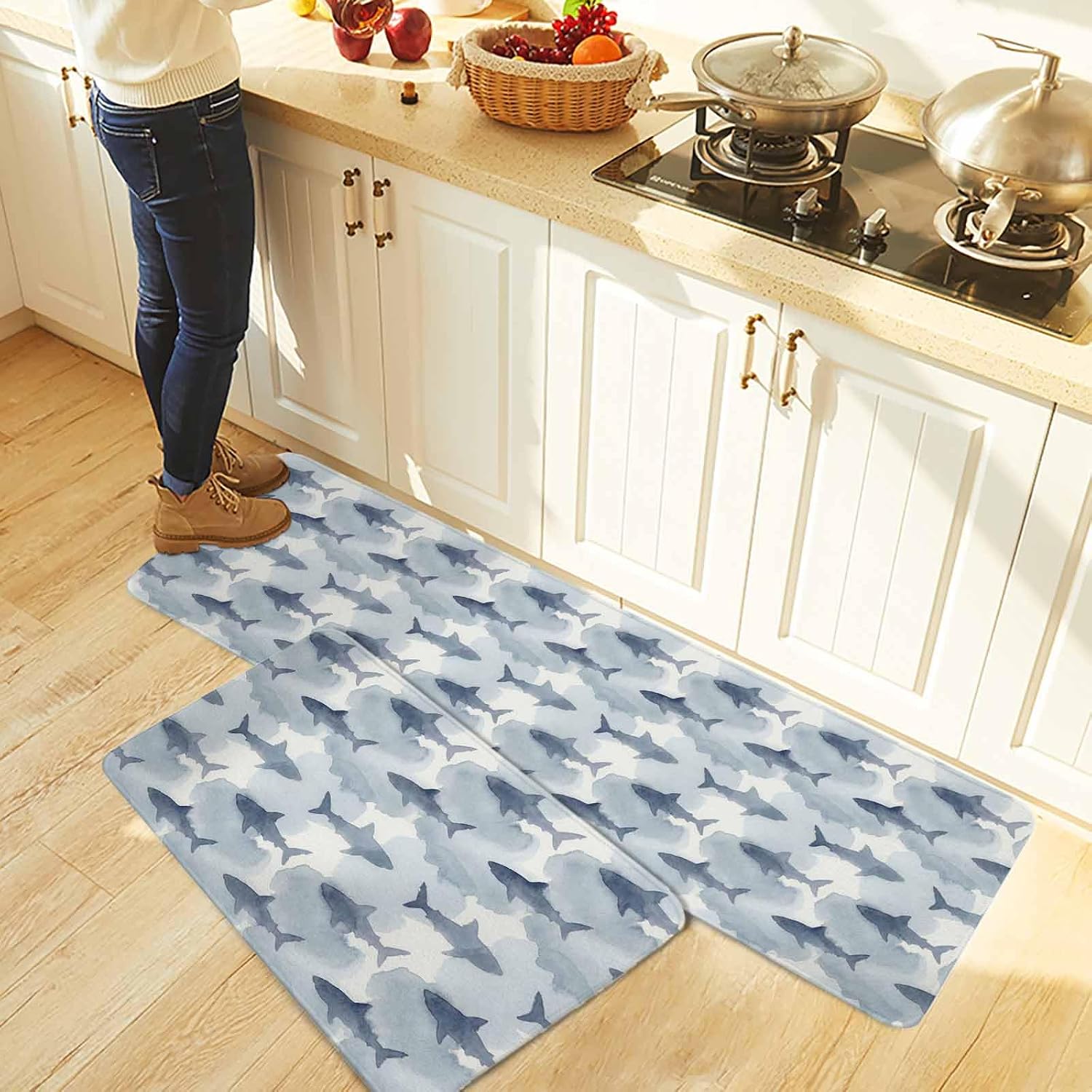 Blue Sharks Coastal Kitchen Rugs and Mats Set of 2, Non-Slip Kitchen Sink Mat, Summer Beach Ocean Nautical Washable Doormat Bathroom Rugs Runner for Bedroom/Living Room 19.7"x23.6"+19.7"x47.2"