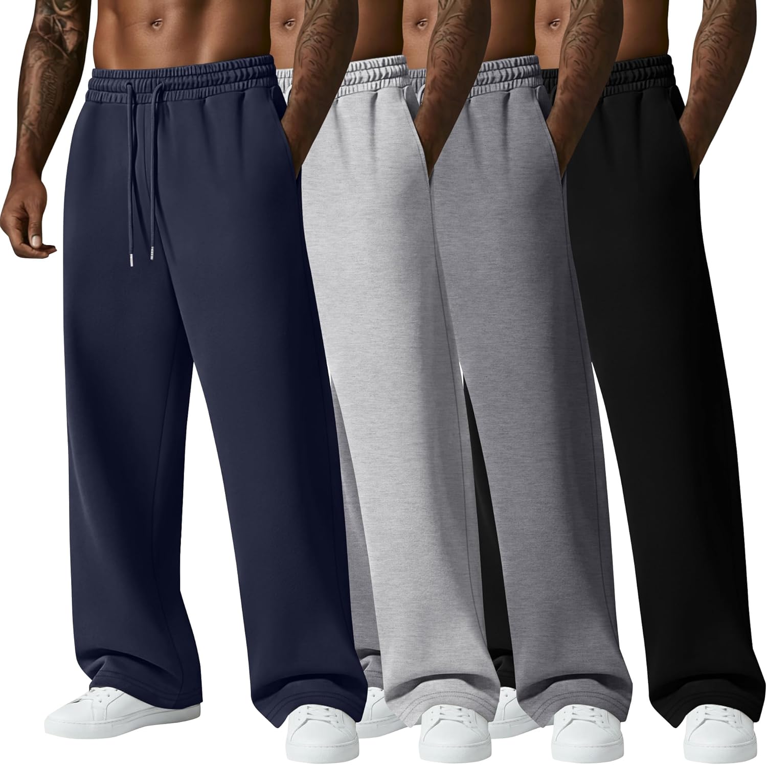 August Alley 4 Pack Men's Big and Tall Sweatpant Thin Athletic Workout Jogger Open Bottom Baggy Drawstring Pants with Pockets