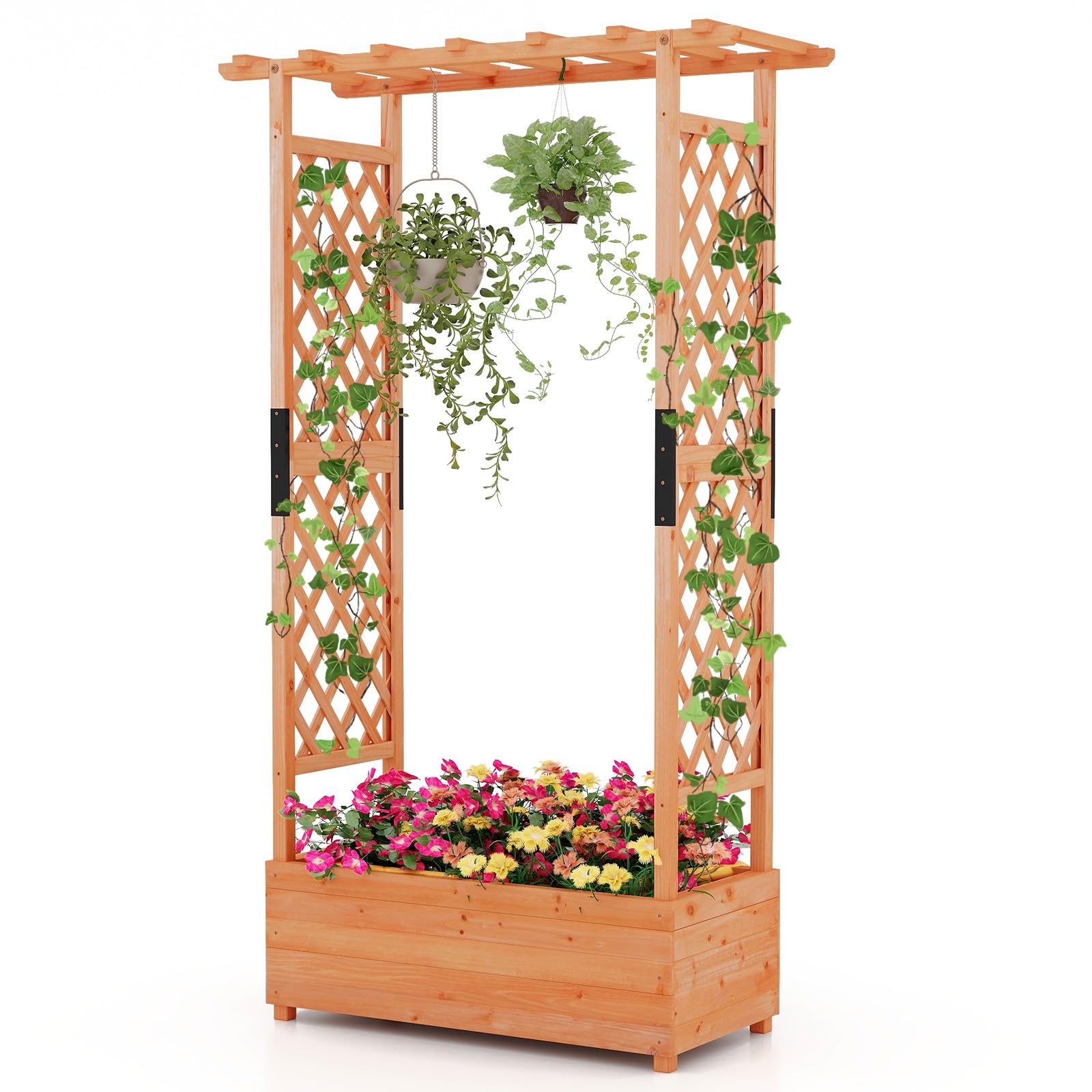 TANGZON Raised Garden Bed with Arch Trellis, Freestanding Ground Garden Planter Box, Outdoor Vertical Trough Planter Container for Vine Climbing Plant Flower Herb (Orange, 110 x 44 x 180 cm)