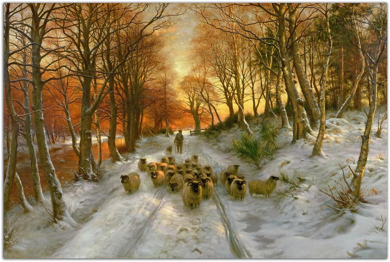 RAOMAAE Joseph Farquharson Artwork The Shortening Winter's Day Poster Sheep at Winter Sunset Famous Painting Landscape Poster Animal Wall Art Decor Print Canvas Painting (24x36inch(60x90cm),Framed)