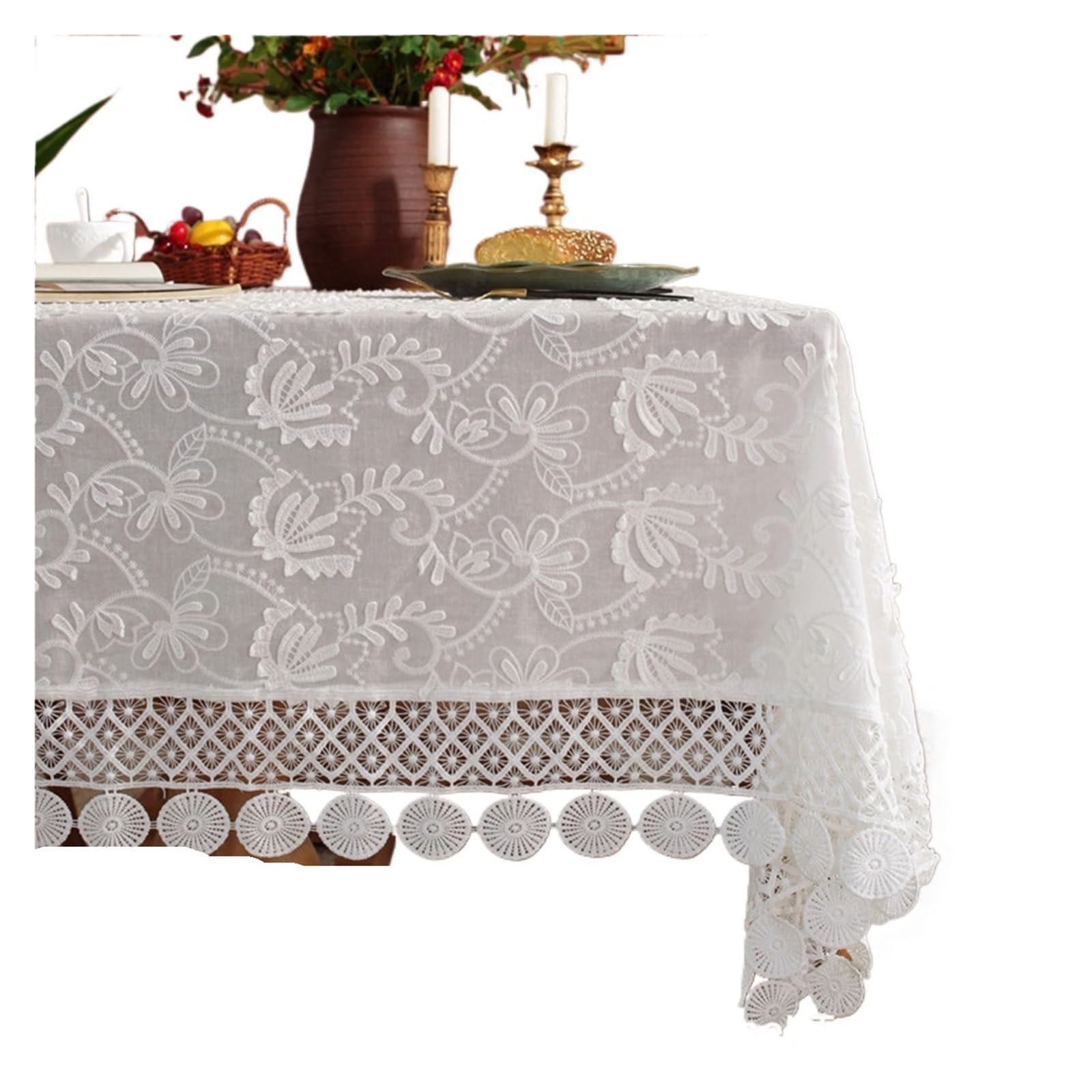 NJIEzhao Embroidered Lace Tablecloth Lace Tablecloth with 3D Embroidered Vines, White Cotton Table Cover for Wedding(90X90CM)
