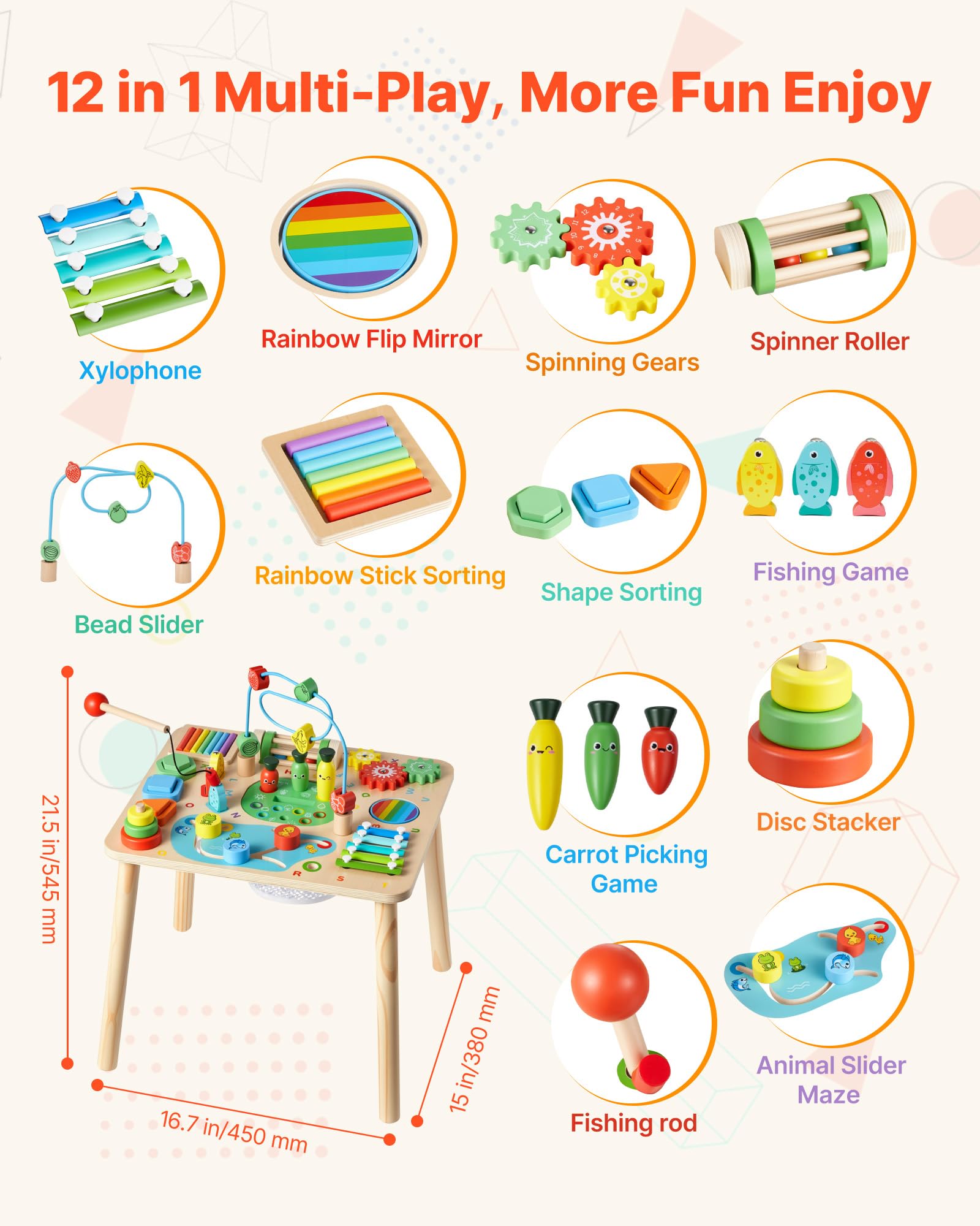 VEVOR Holz Aktivitätstisch, Montessori Spielzeug, 13-in-1-Lerntisch, Spieltisch Aktivitätstisch für Kinder ab 6 Monaten, Geburtstag, Weihnachten oder Kindertag, 6-36 Monate