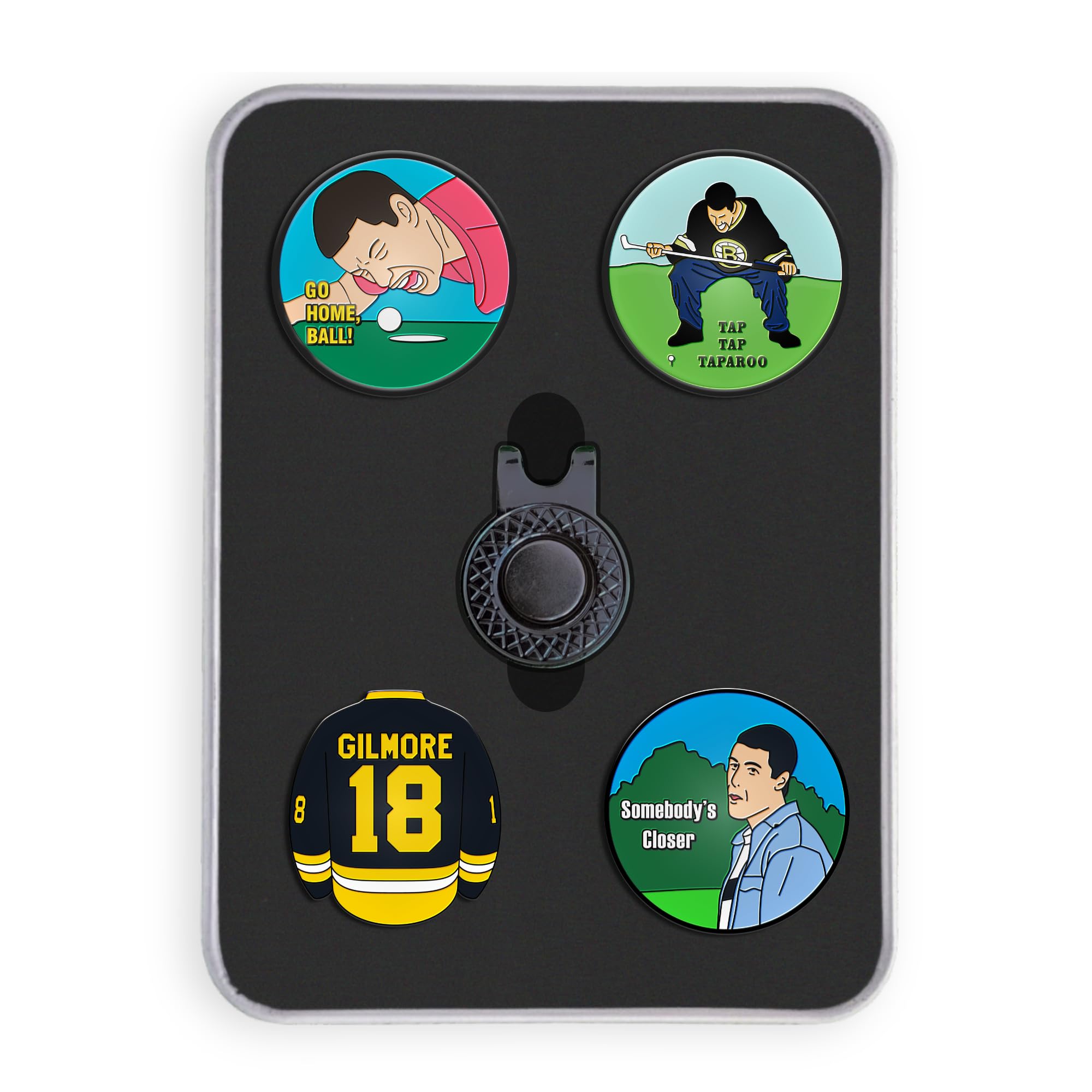 Golf Ball Marker Gift Set - Happy Gilmore Full Markers + Hat Clip (Gift Tin)