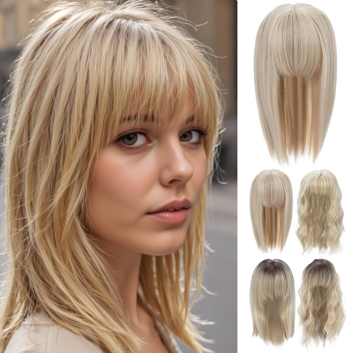 Rose bud Hair Toppers for Women with Thinning Hair 14 Inch Ash Blonde Mix Bleach Blonde Straight Natural Synthetic Toppers Hair Pieces for Women