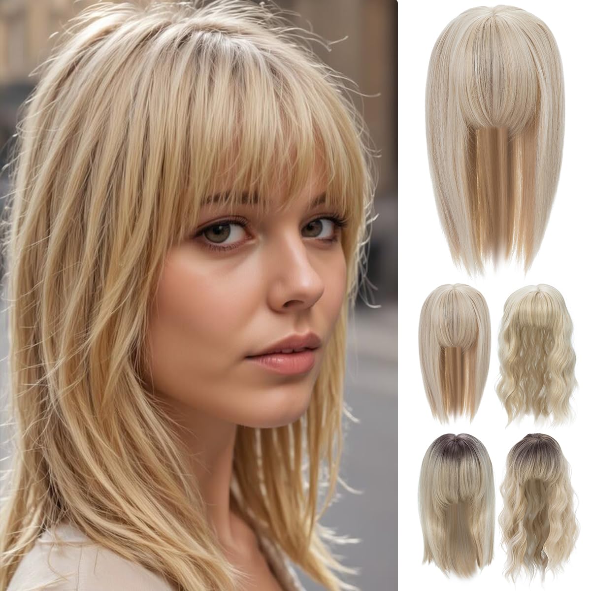 Rose bud Hair Toppers for Women with Thinning Hair 14 Inch Ash Blonde Mix Bleach Blonde Straight Natural Synthetic Toppers Hair Pieces for Women