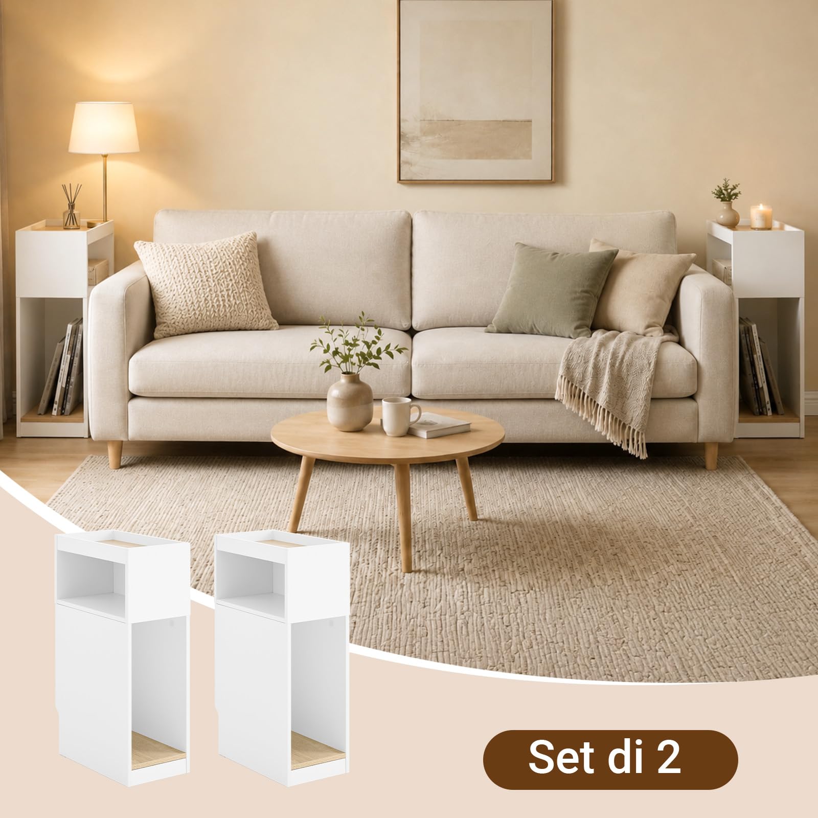 SoBuy set da 2 tavolino salotto stretto con cassetto, comodino camera da letto salvaspazio per piccoli spazi, tavolino divano con vano portaoggetti, 20×35×60 cm, Bianco FBT171-WNx2
