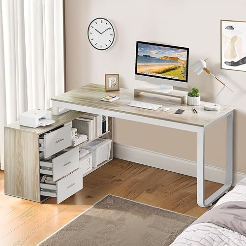 Miniatura 8 de Escritorio reversible en forma de L de 55 pulgadas con 3 cajones, escritorio esquinero con estantes de almacenamiento y soporte extraíble para