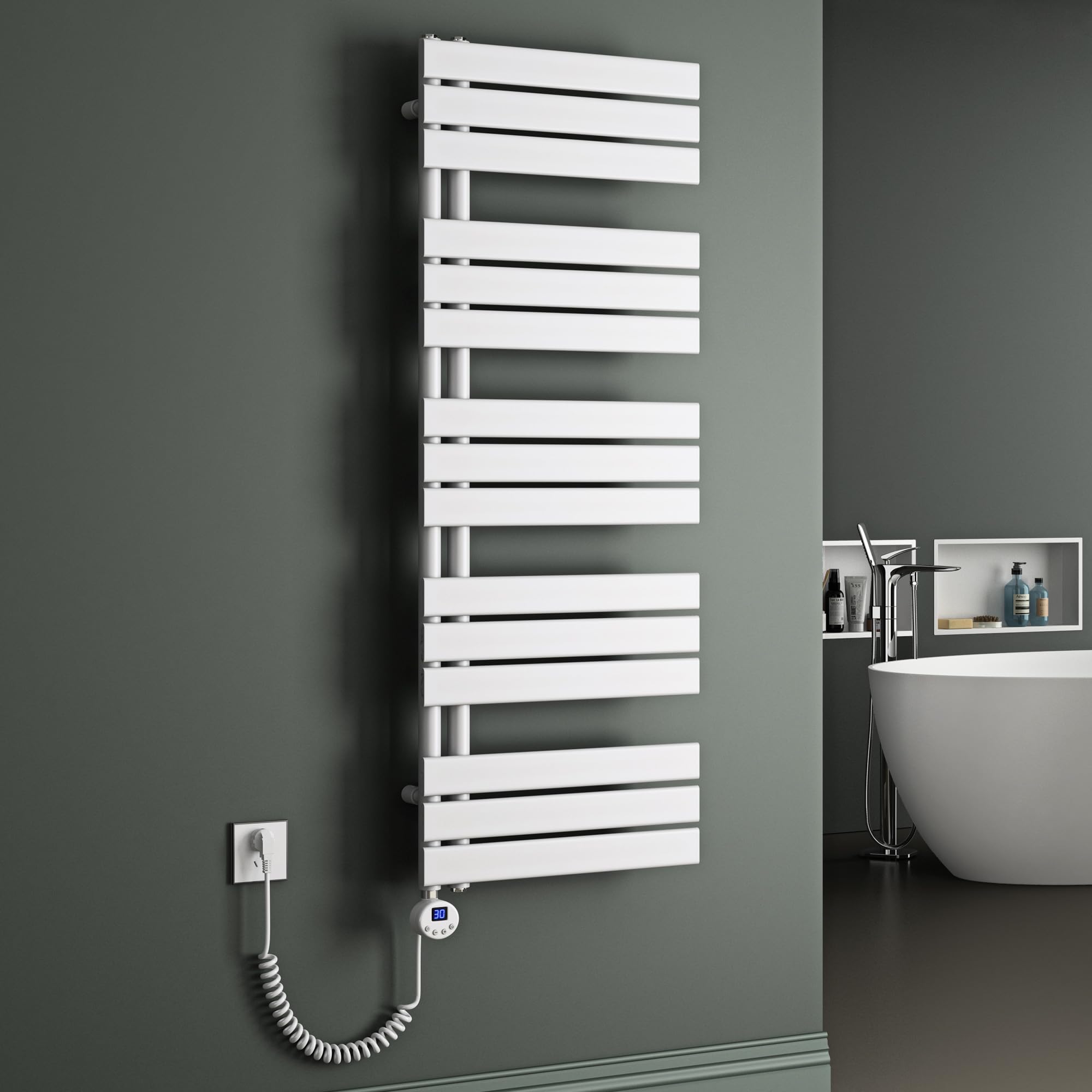 Mai & Mai Radiador de Baño Eléctrico 131x50 cm en Blanco Conexión lateral Toallero Calentador de Toallas Calefacción de Baño con Barra Calefactora 1000W