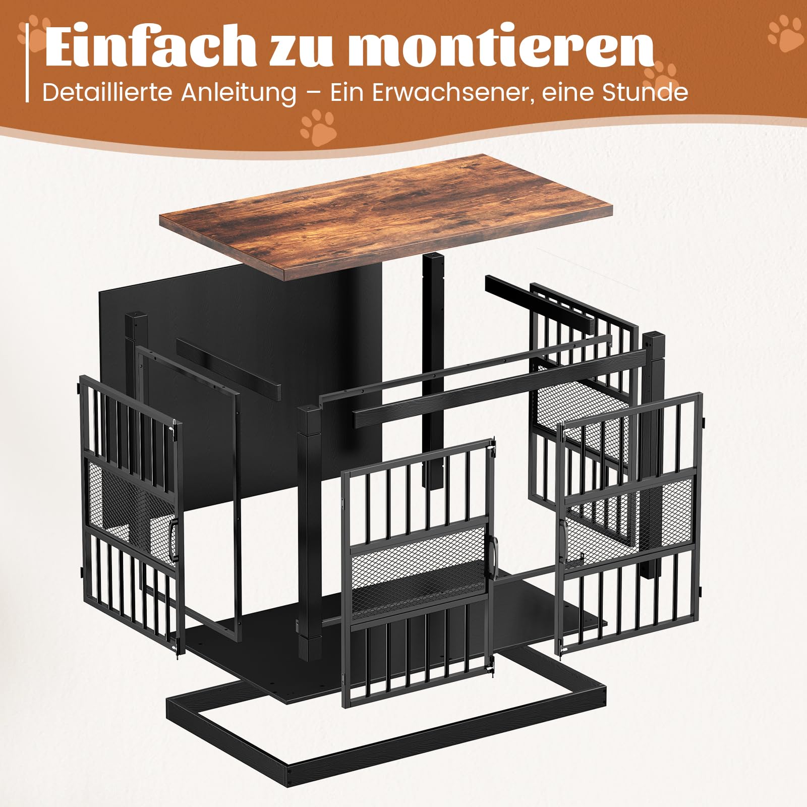 Hundekäfig Möbel, 104 cm Großer Hundebox für den Hausgebrauch, Modernes Indoor Holz-Hundekäfig, Doppel-Tür-Design, Bissfest, Geeignet für Kleine/Mittelgroße/Große Hunde, Schwarz, 104x51x78 cm