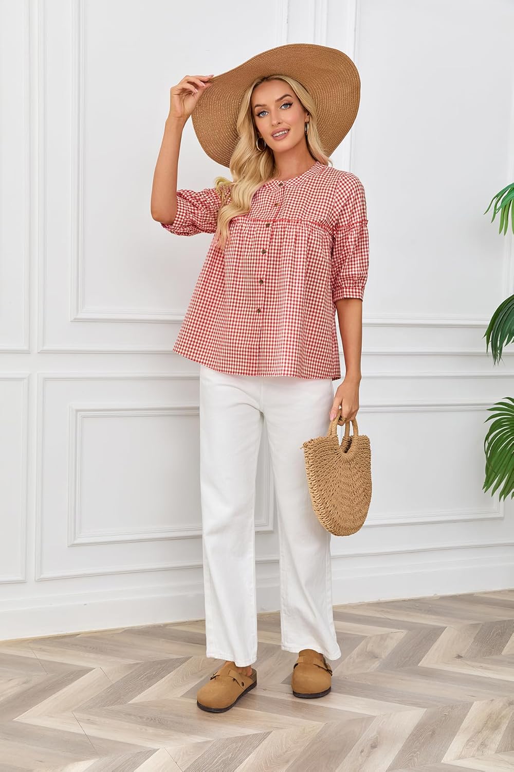 utcoco Womens Plaid Button Down Shirts Casual Loose Fit 3/4 Sleeve Tunic Tops Checkered Blouses - Image 4