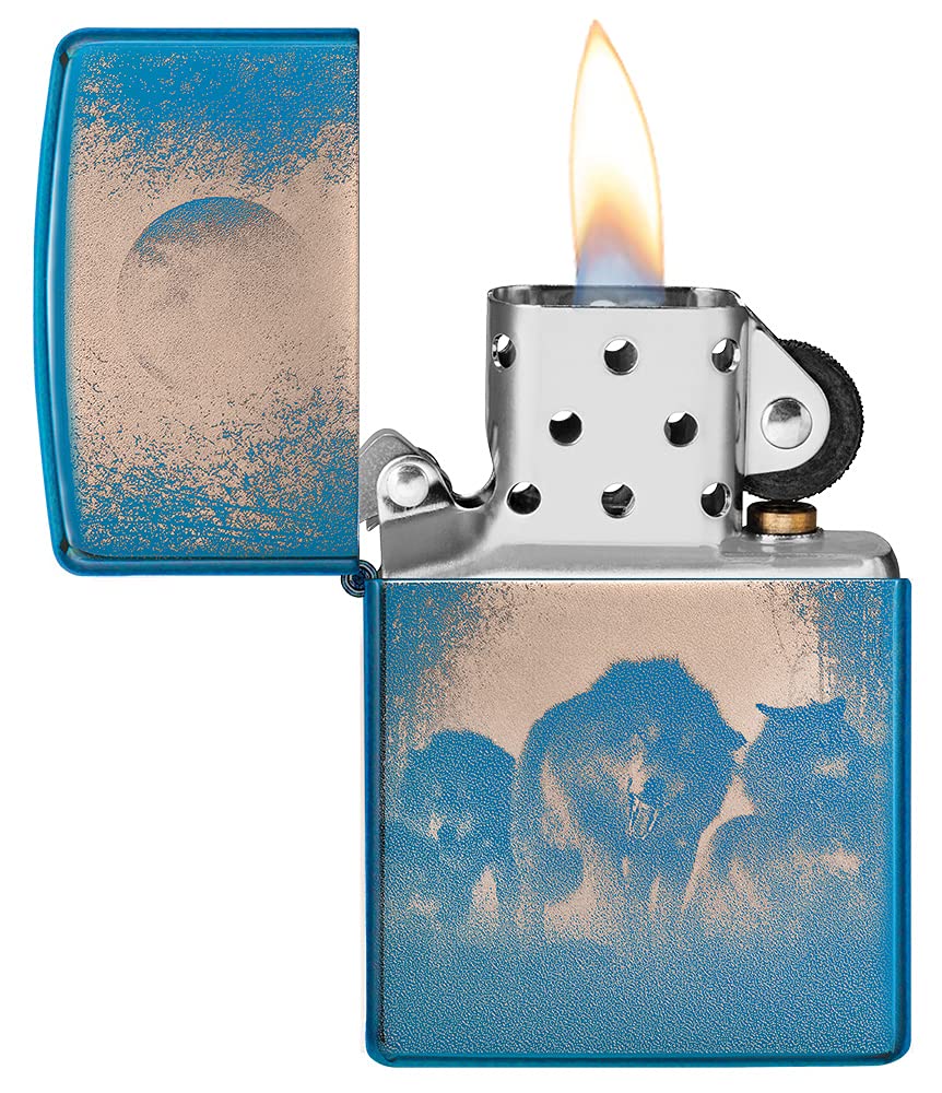 Zippo Encendedor a Prueba de Viento - Modelo Wolves - Acabado Azul Pulido con Color Image - Recargable - Reutilizable - Diseño a Prueba de Viento - Caja de Regalo Hecho en EEUU
