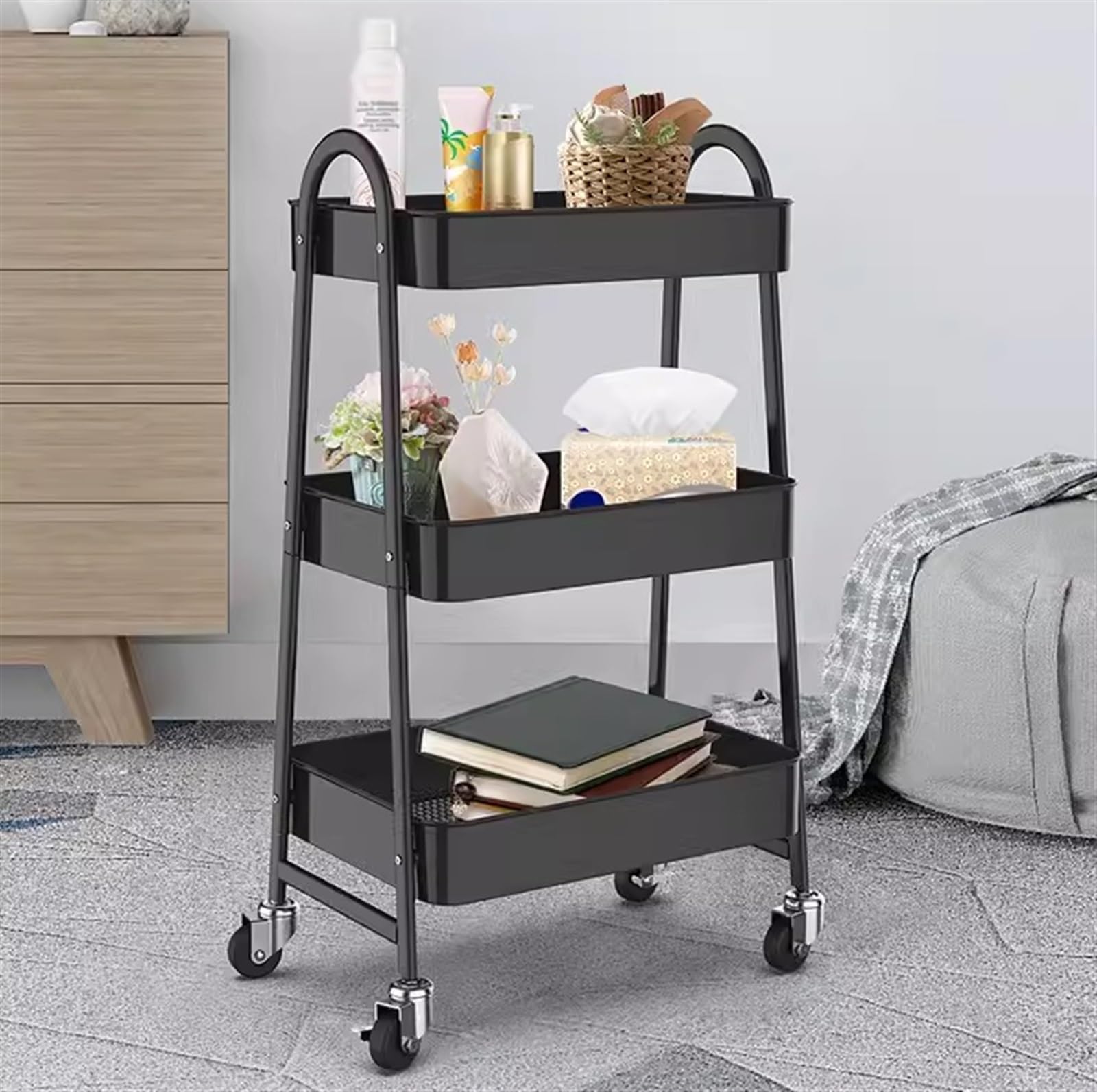 Carrellino Salvaspazio Carrello Portaoggetti da Cucina A 3 Ripiani, in Metallo, con Ruote per Bagno E Ufficio per Organizzare Cucina(Black)