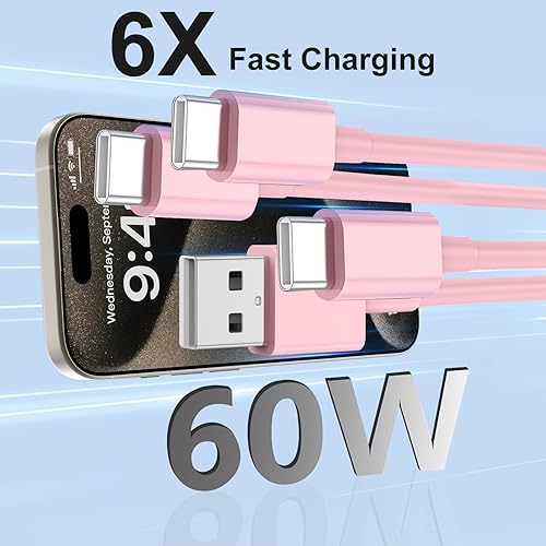 Vista 64 de Carplay - Cable de carga USB C para iPhone 16 15 Pro Max, paquete de 4 [3/3/6/6 pies] 60 W USB C a USB C cable y USB A a USBC cable de carga rápida