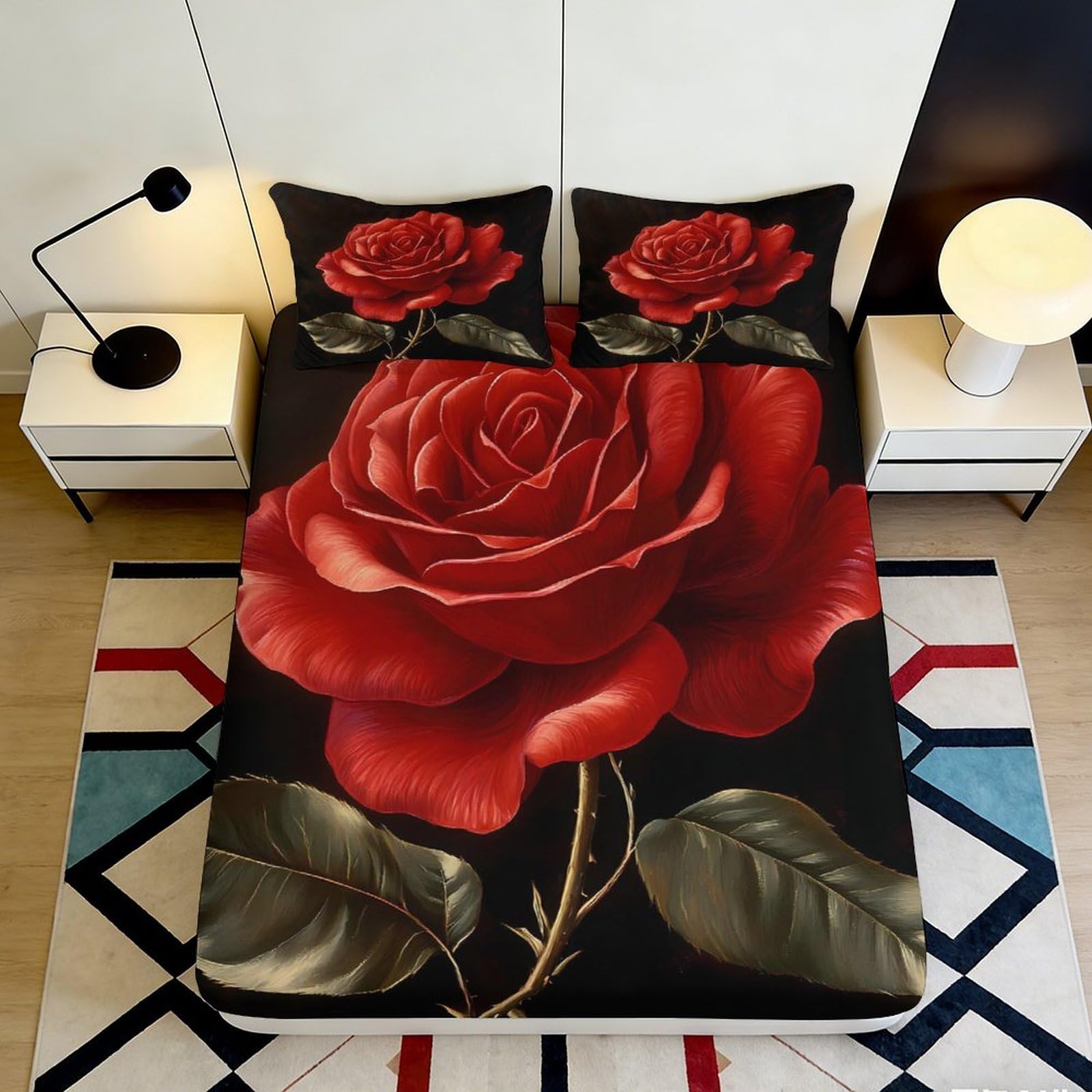Decorative Red Rose Fitted Sheet Microfiber Soft Touch 3D Printed Bed Cover, Easy Care, Home Bedroom, Apartment Bedding, 119 chars 90x200x25cm