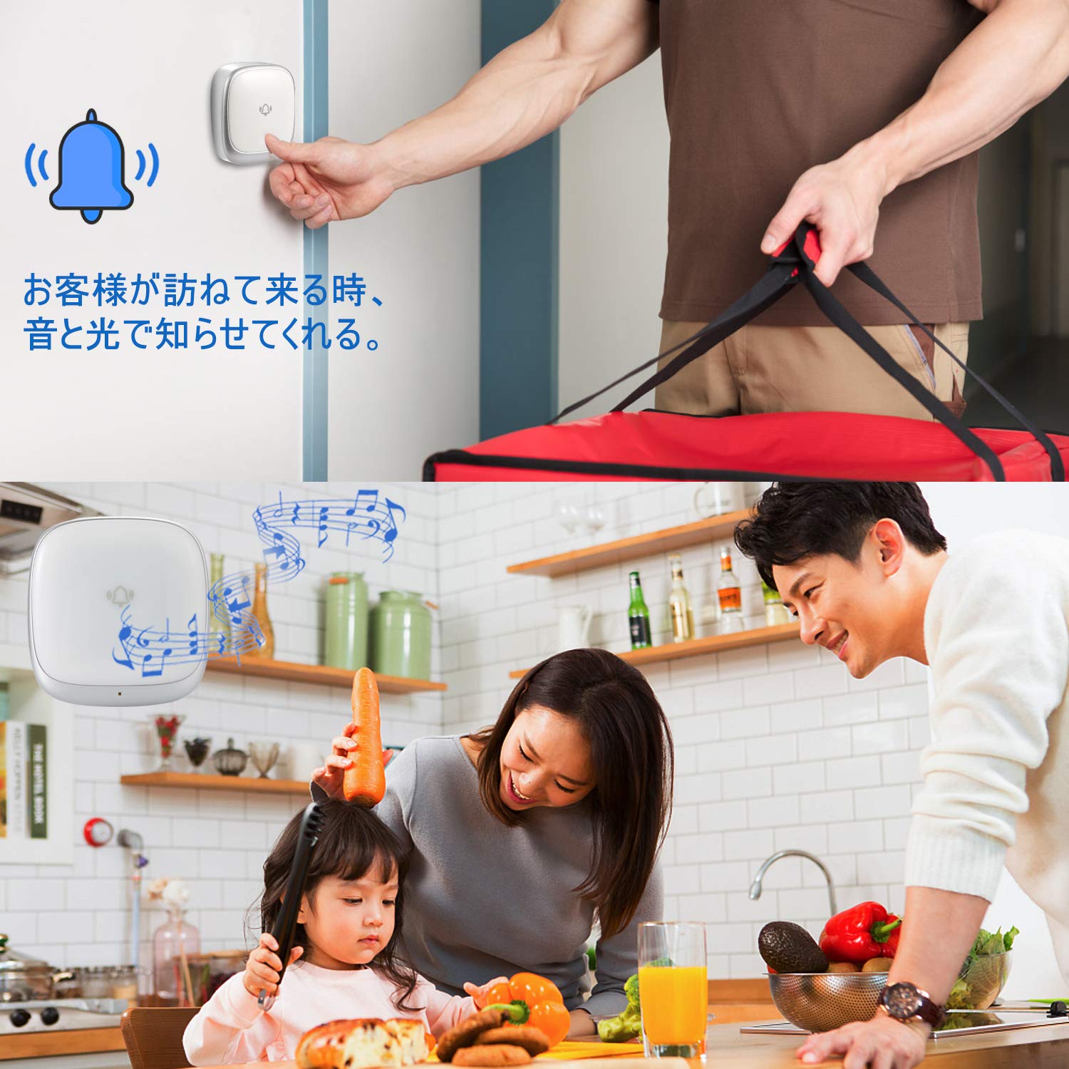 Amazon.co.jp: ワイヤレスチャイム 玄関ドアベル 自動発電 音と光で 