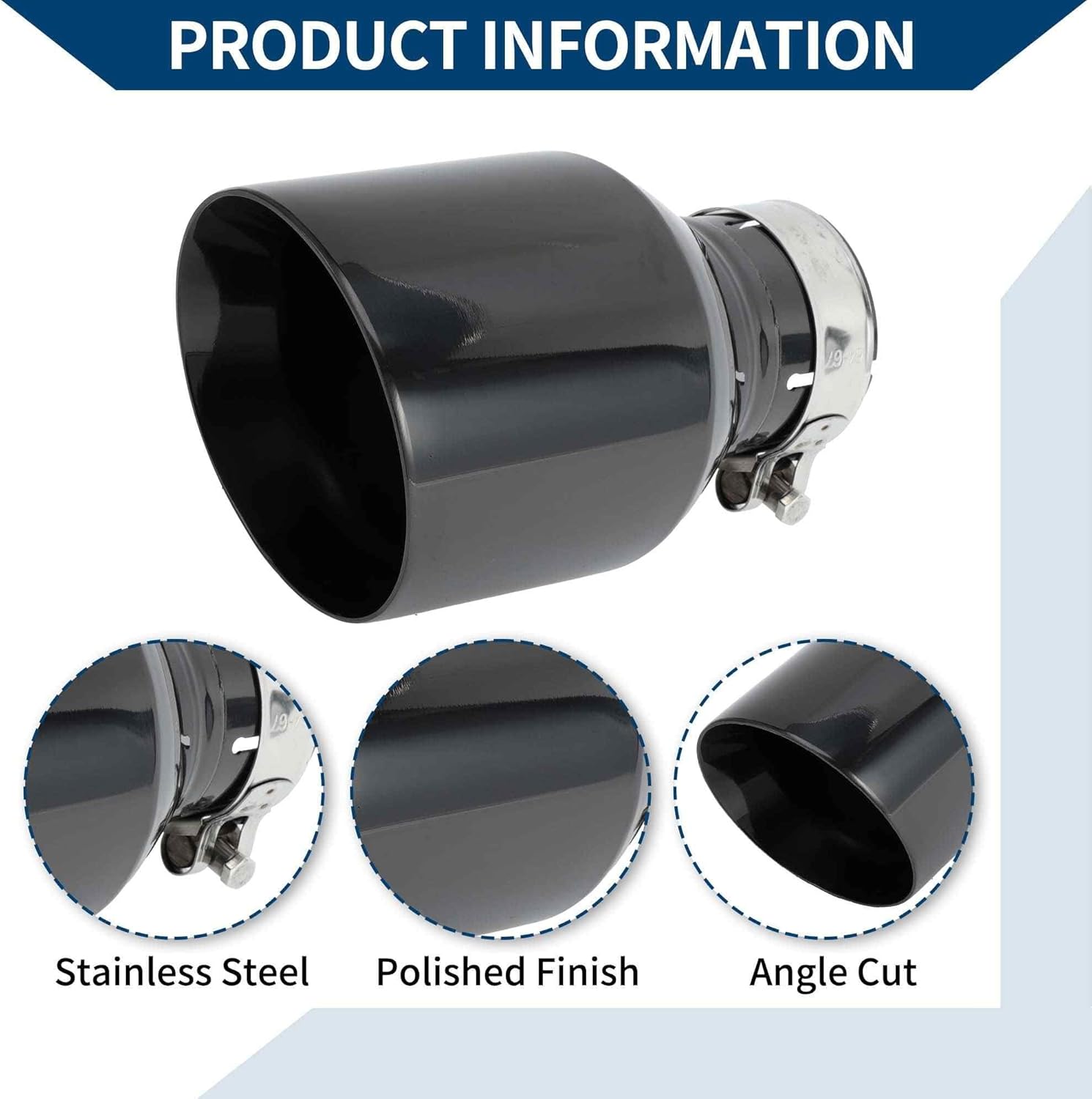 Slant Car Exhaust Tip Rear Clamp on Tailpipe 63mm ID 2.5" Inlet 4.1" Outlet 7.3" Length 1 Pc Black Stainless Steel