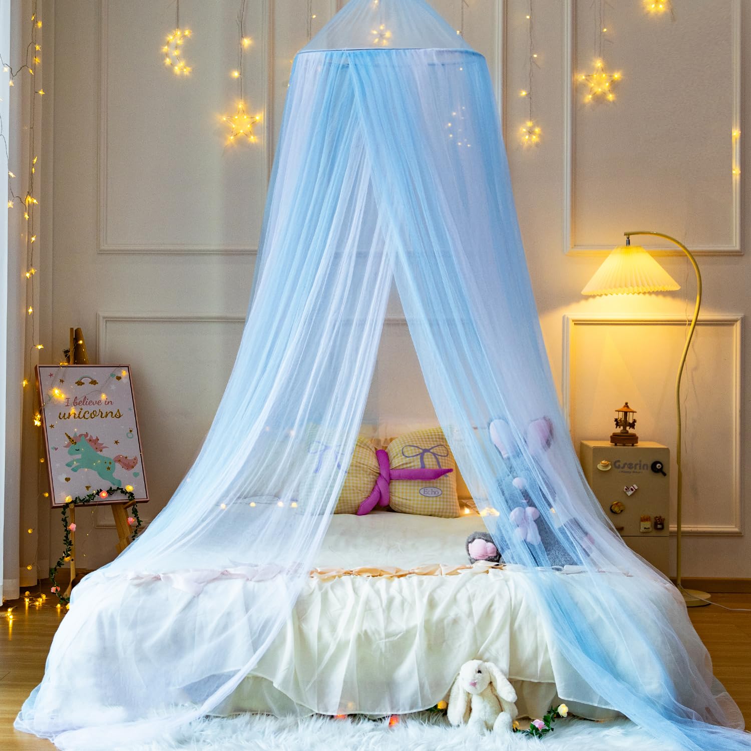 White Bed Canopy with Lights and Butterflies for Girls Bed Net,Princess Canopy with DIY Butterfliesfor Girls Bed Room Decor (White Blue)