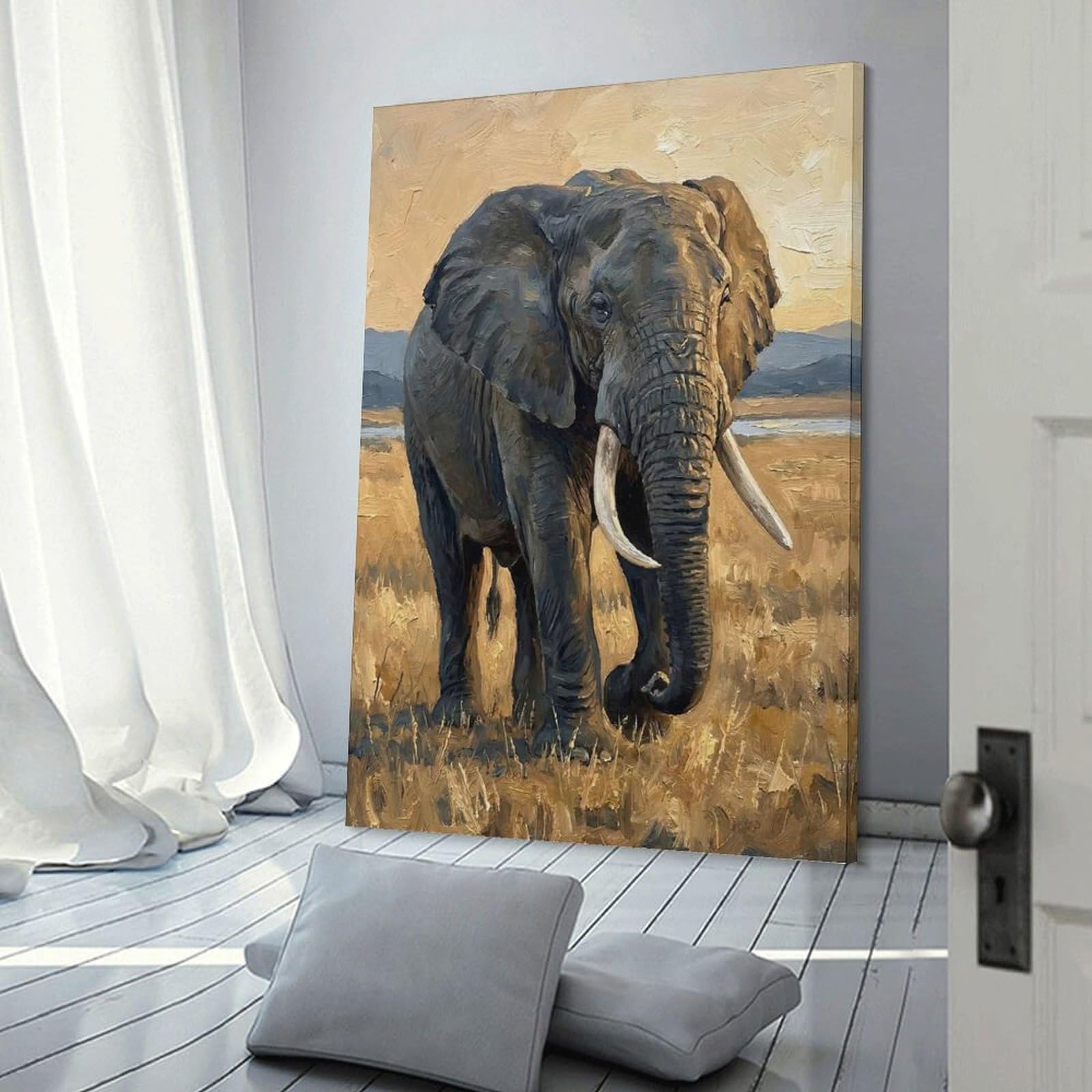 Junmoney Majestic Elephant in Golden Hour Canvas Wall Art 08x12inch(20x30cm), for Work Areas, Reading Rooms Or Studios, A Smart Decor Choice for Study Walls