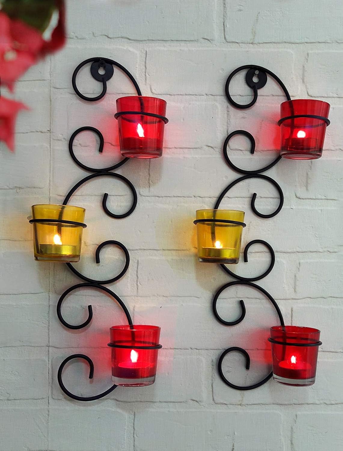 TIED RIBBONS Set of 2 Wall Hanging Tealight Candle Holder Metal Wall Sconce with Glass Cups for Home Decoration (Set of 2) - Wall Candle Sconces Wall Art