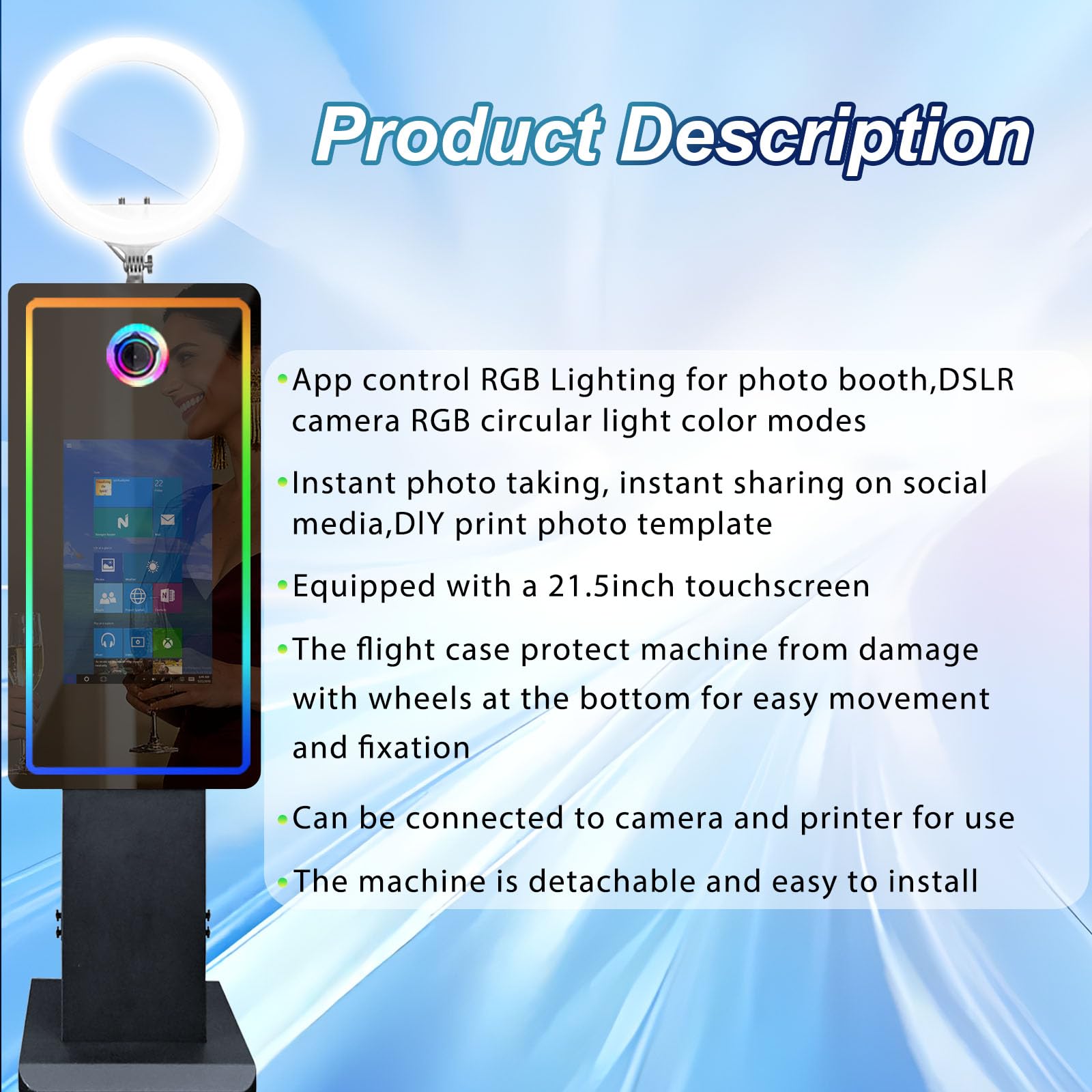 Aparat do fotobudki z ekranem dotykowym 54.6 cm, lustrzana budka do selfie ze światłem RGB i futerałem lotniczym, fotobudka na imprezy (czarna, maszyna + drukarka)