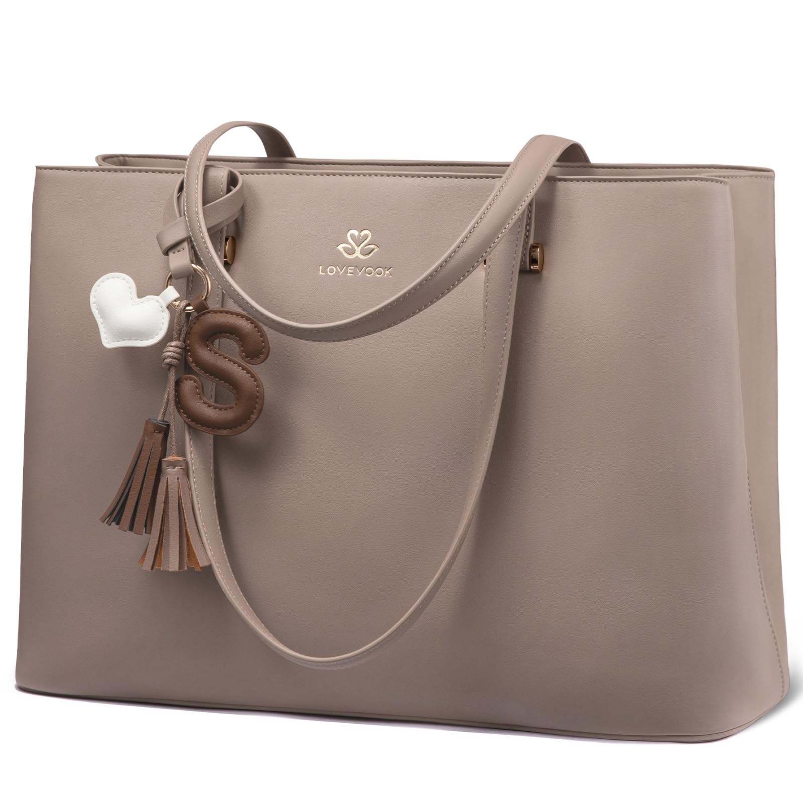 LOVEVOOK Work Tote Bag for Women, Leather Tote Laptop Bag Gift for Women with Computer Compartment, Computer Bag with Zipper, Fashion Handbag with Detachable Accessory, 15.6 Inch Taupe