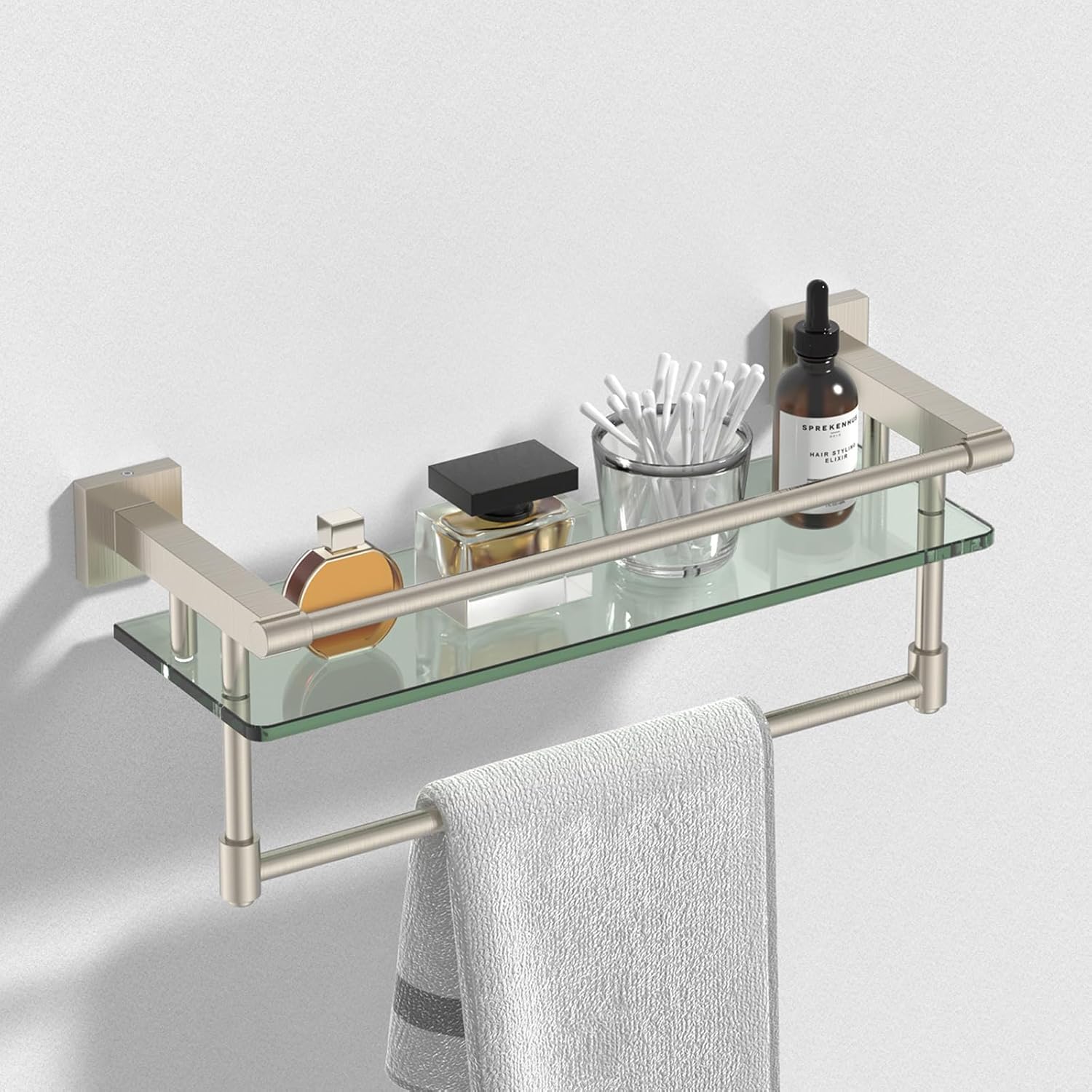 16 inch Glass Shelf with Towel Bar, Glass Shelves Brushed Nickel Finish Railing Rectangular Tempered Glass Stainless Steel Glass Shelves Wall Mount Organizer