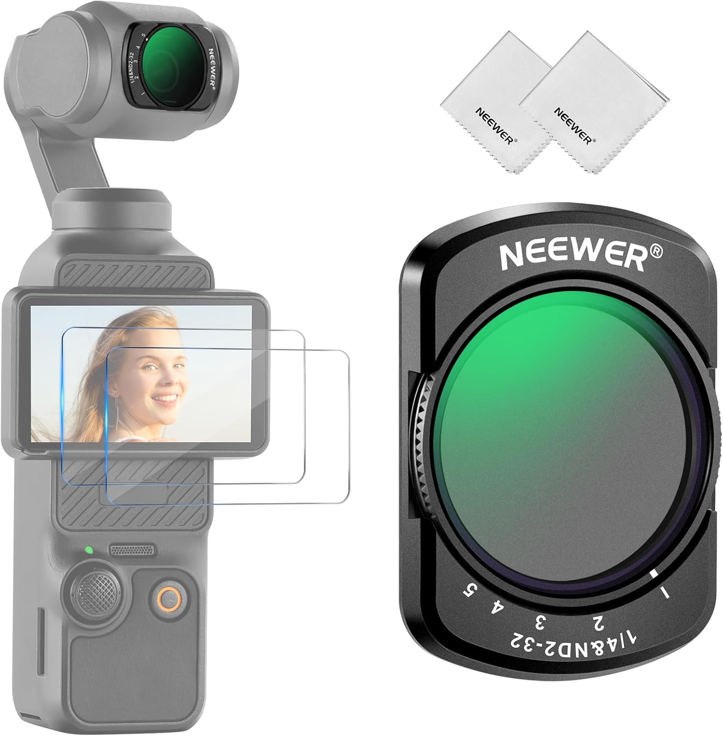 NEEWER Variable ND & Black Diffusion 1/4 Filter Compatible with DJI Osmo Pocket 3 Creator Combo Accessories, ND2-32, 2 in 1 Magnetic Action Camera Filter with Screen Protectors & Cleaning Cloths