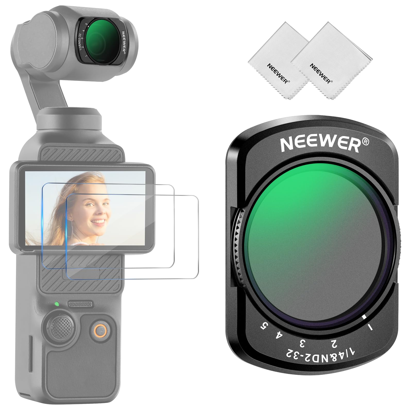 NEEWER Filtro 2 in 1 ND2-32 Variabile e Black Diffusion 1/4 Compatibile con DJI Osmo Pocket 3/ Pocket 4 / Xtra Muse, Magnetico per Action Camera con Protezioni Schermo e Panni di Pulizia