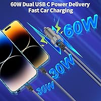 Vista 5 de 【MFi Certified】iPhone Fast Car Charger, Linocell 60W Dual PD Car Power Cigarette Lighter USB-C Car Charger Fast Charging+2Pack Type-C to Lightning