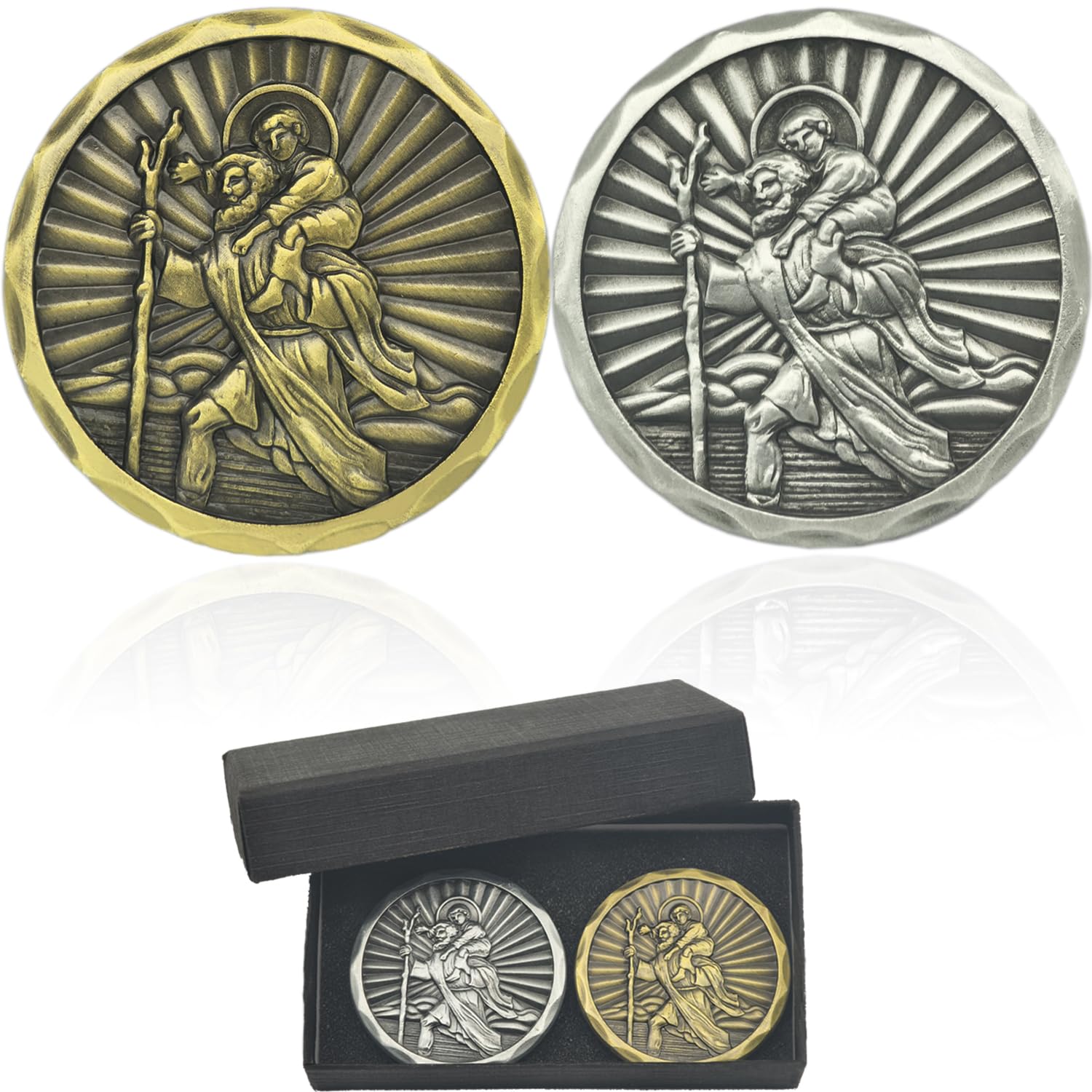 Médaille Saint Christophe Pour Voiture - 4 Cm, Noir Argenté, Avec Aimant Et Autocollants - Protection Conducteur